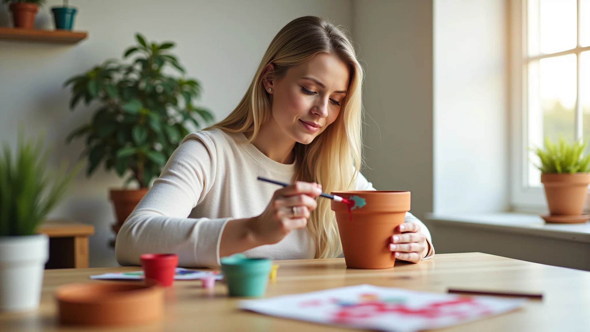 Mulher criando presente de aniversário personalizado, decorando vaso.