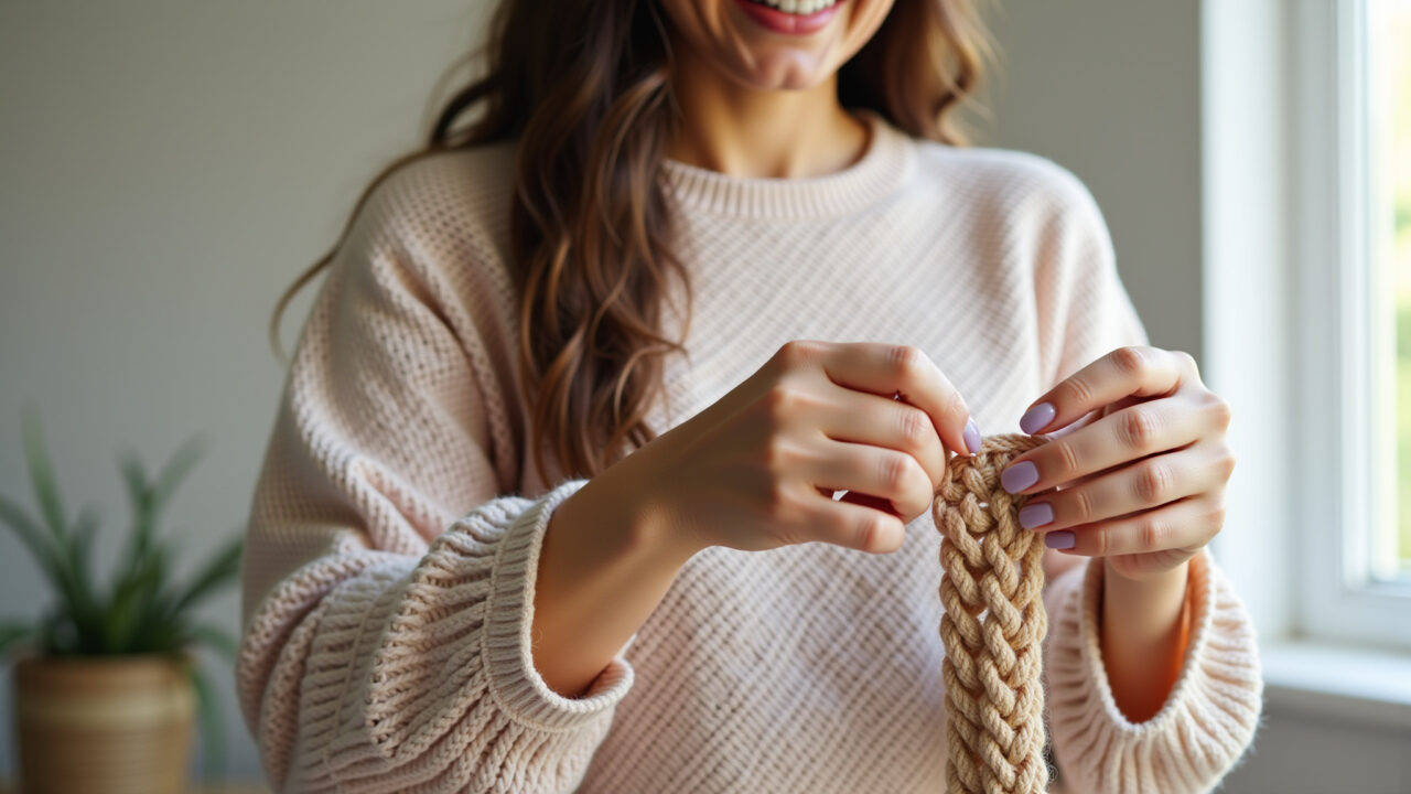 Mulher crocheteando crochê peruano, escolhendo fios coloridos.