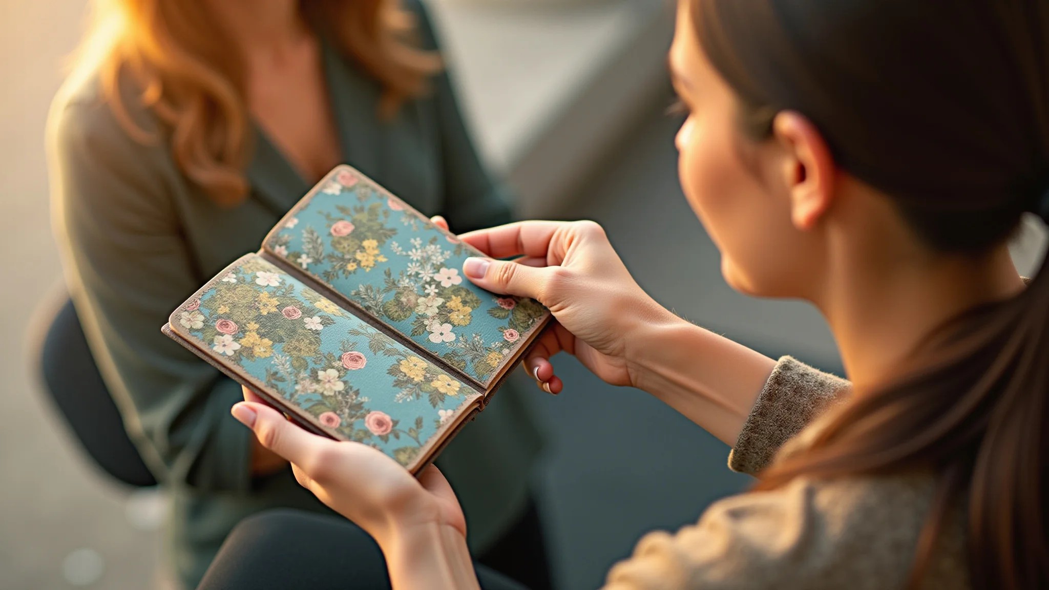 Artesã mostrando caderno personalizado com decoupage e motivos brasileiros.