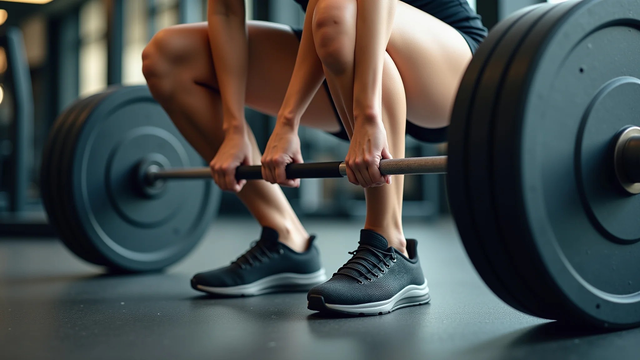 Mulher fazendo agachamento com barra, usando tênis de musculação.