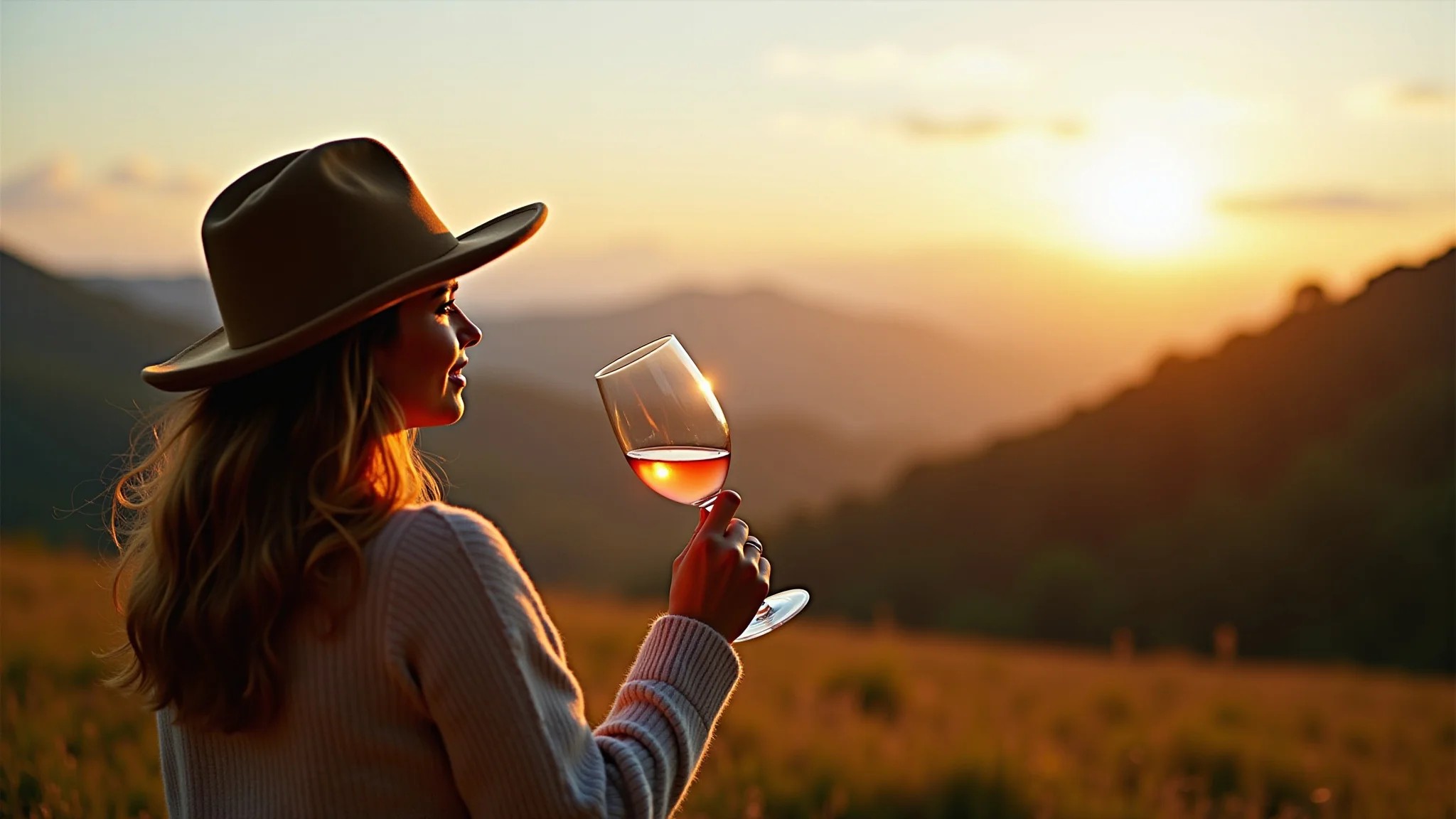 Mulher apreciando vinho com vista para as montanhas em Gramado, Rio Grande do Sul.