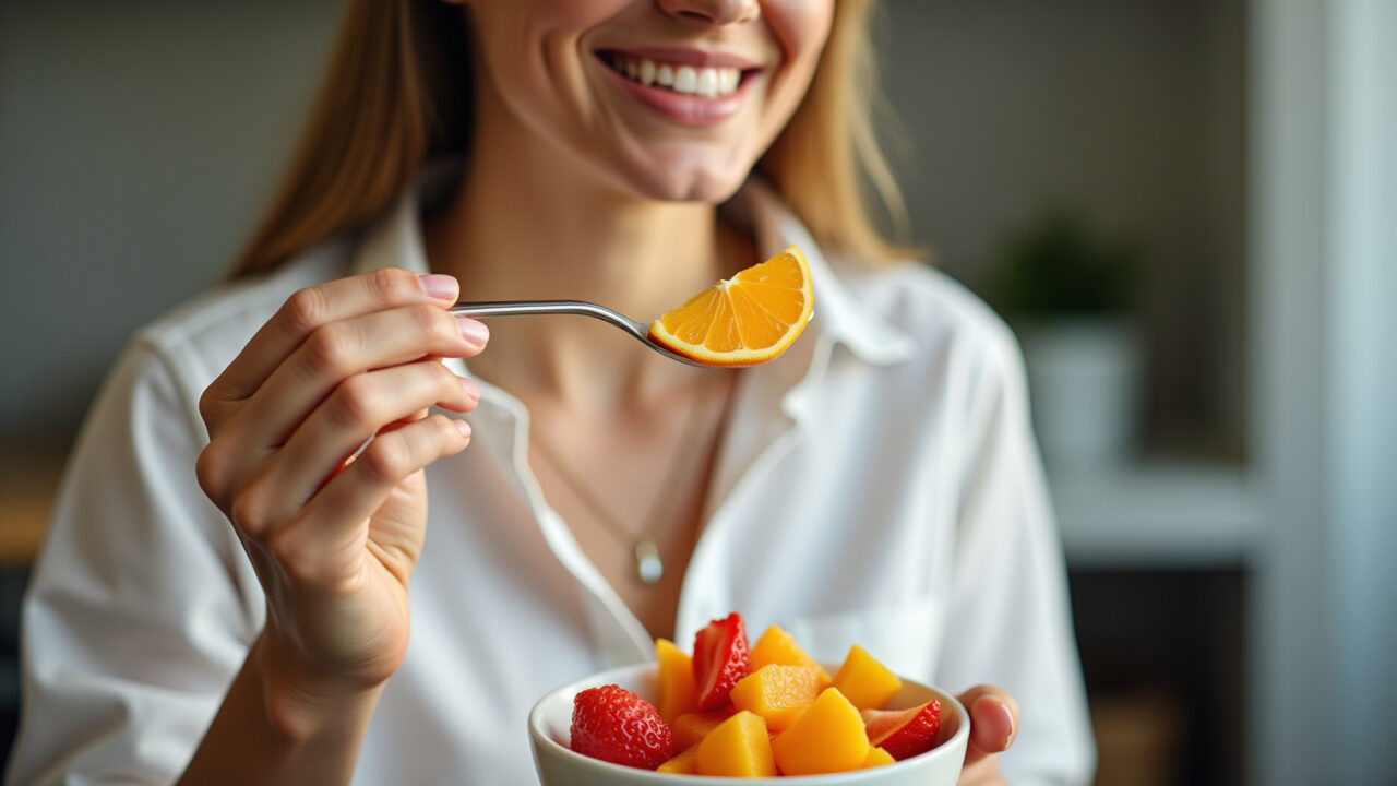 Mulher saboreando salada de frutas cítricas rica em vitamina C.