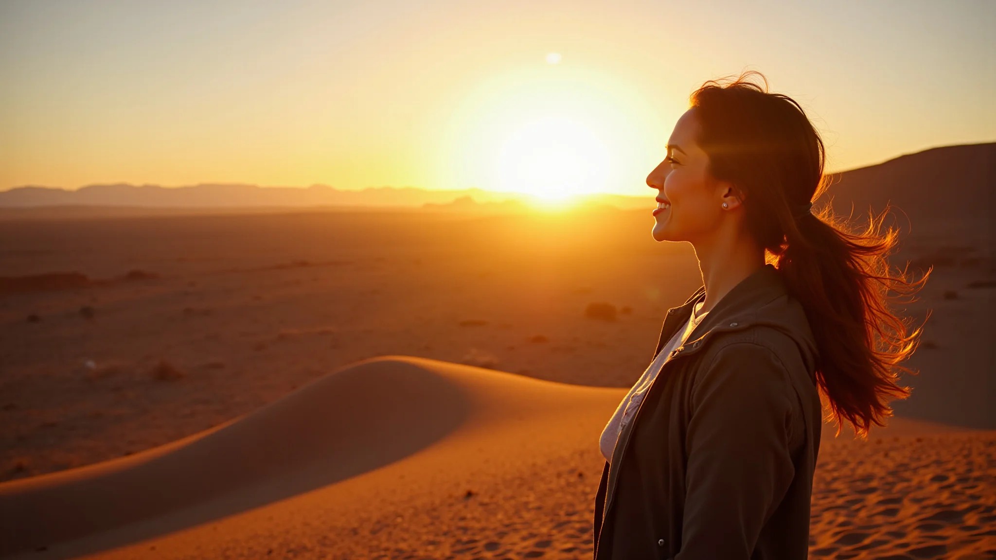 Mulher apreciando o pôr do sol no Valle de la Luna, Atacama, em uma cena de paz e tranquilidade.