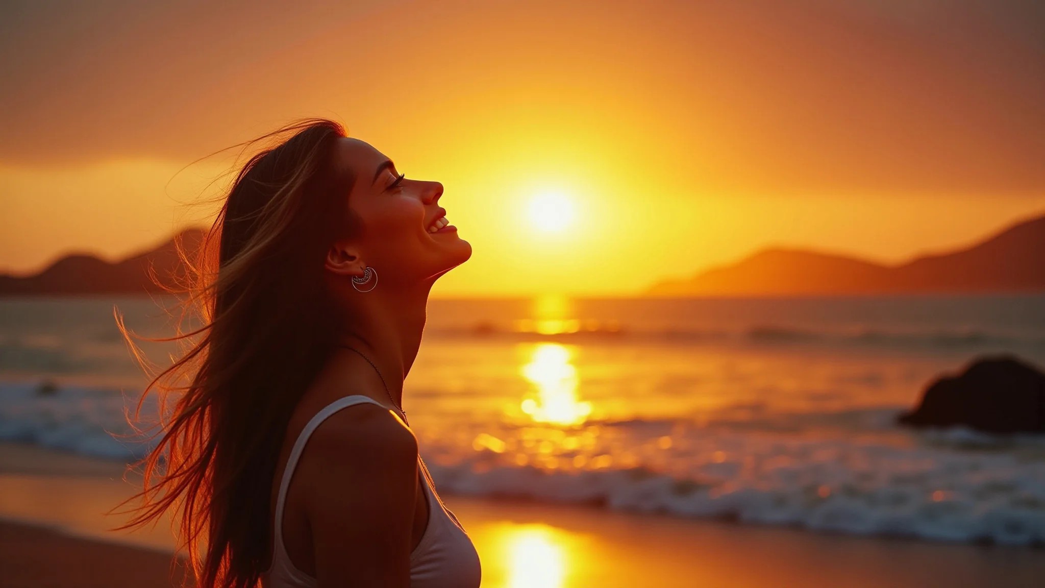 Mulher apreciando o pôr do sol no Arpoador, Rio de Janeiro.
