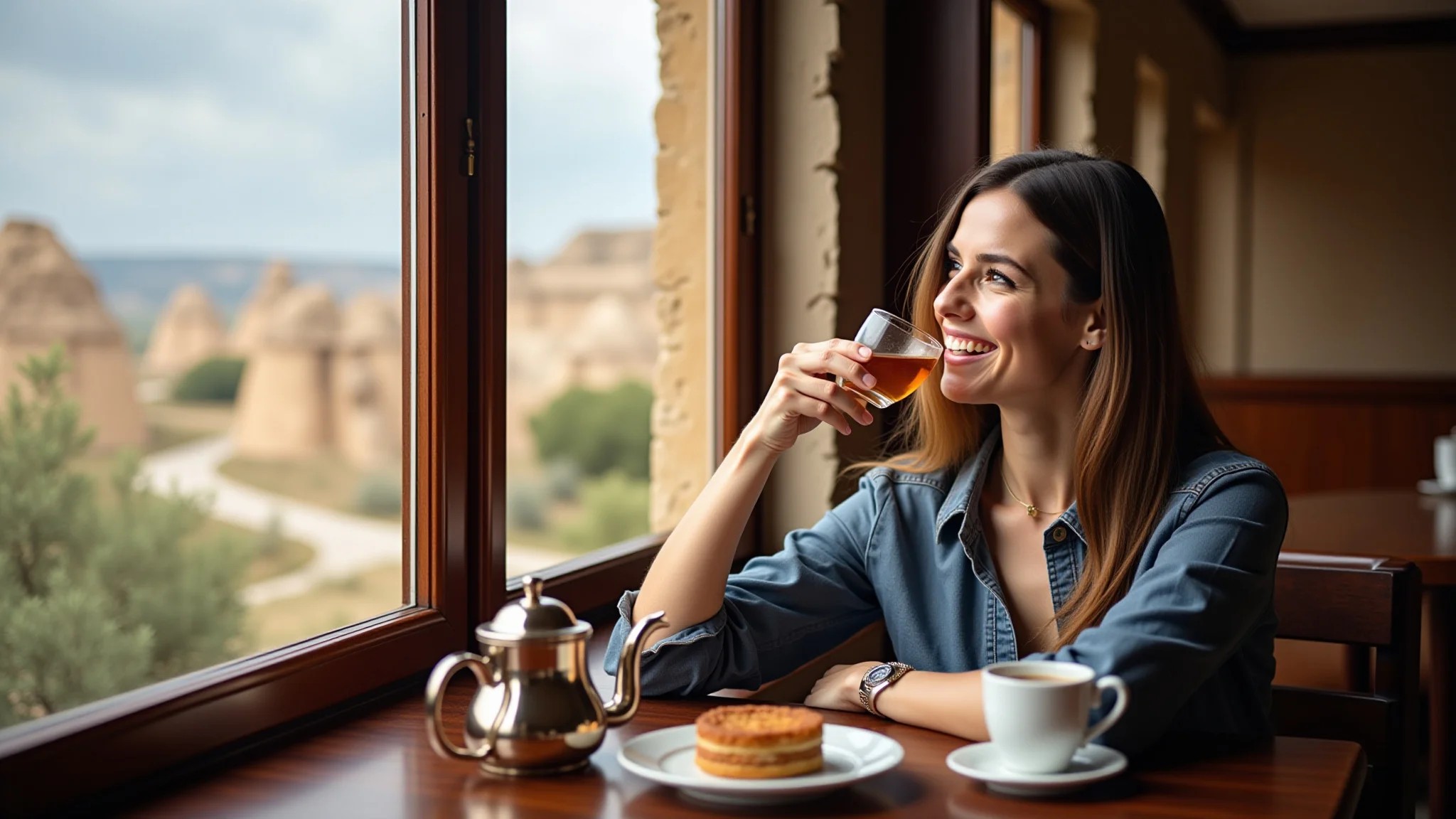 Mulher apreciando chá turco em um café tradicional na Capadócia, com vista para a paisagem.
