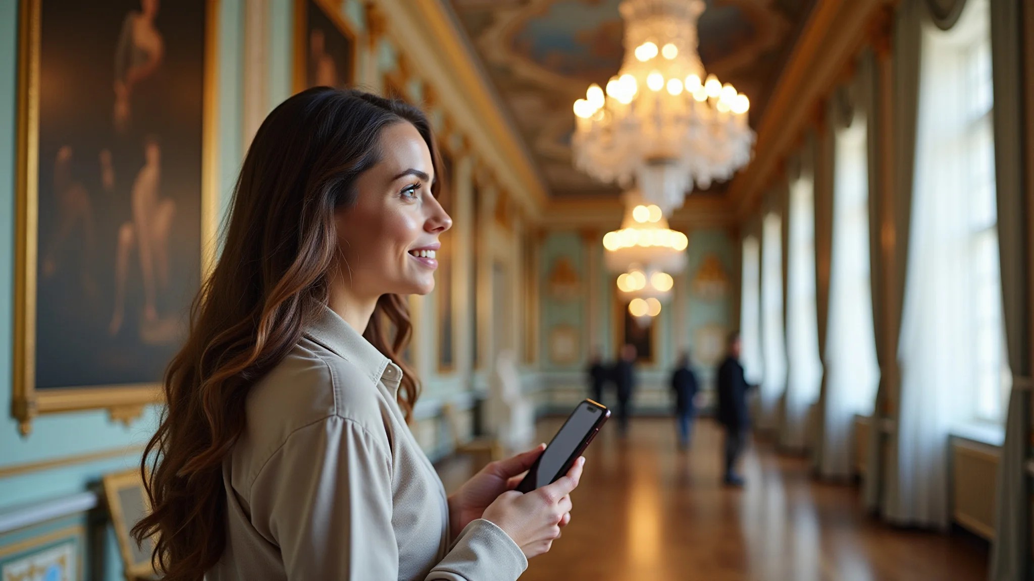 Mulher explorando o Palácio de Inverno em São Petersburgo.