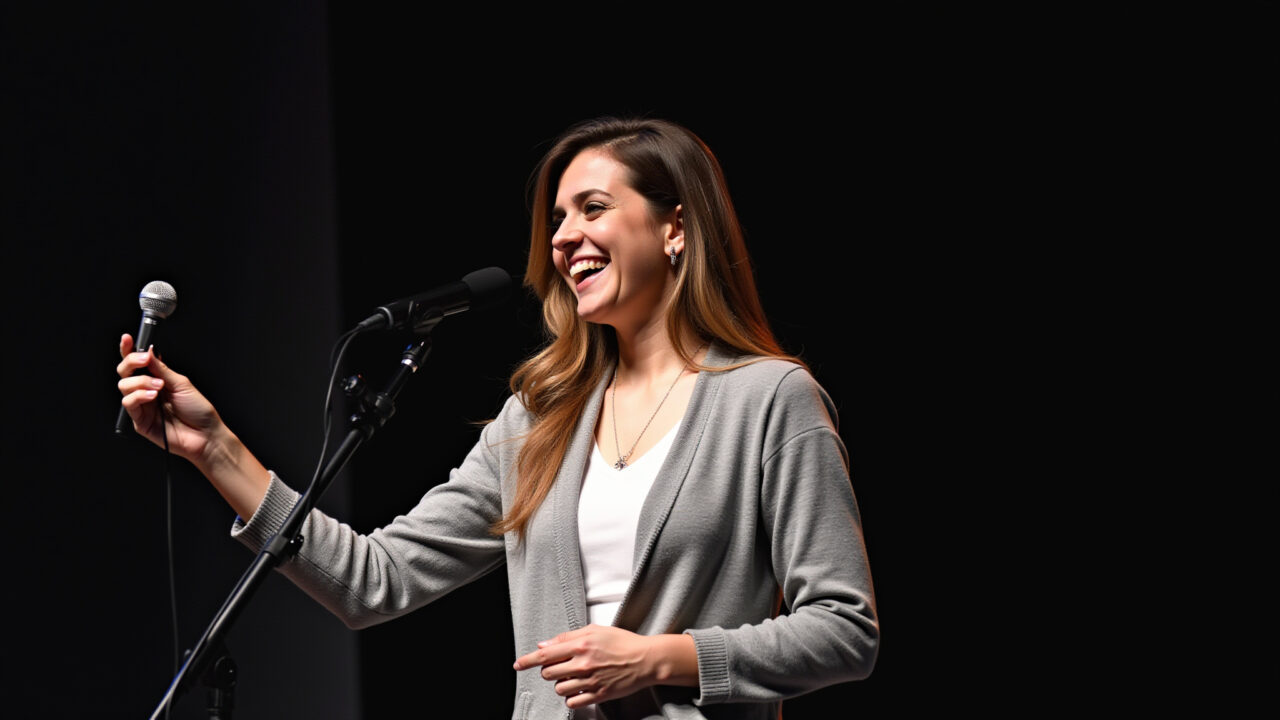 Mulher com casaco em show de stand-up comedy, preparada para o frio.