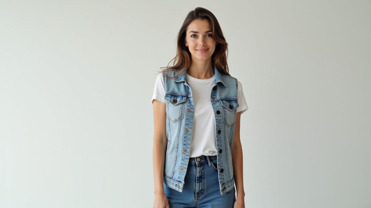 Camiseta básica branca com colete jeans curto.