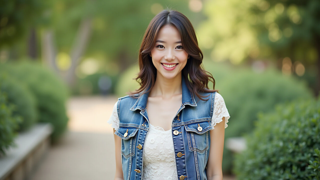 Blusa de renda e colete jeans curto em jardim romântico.