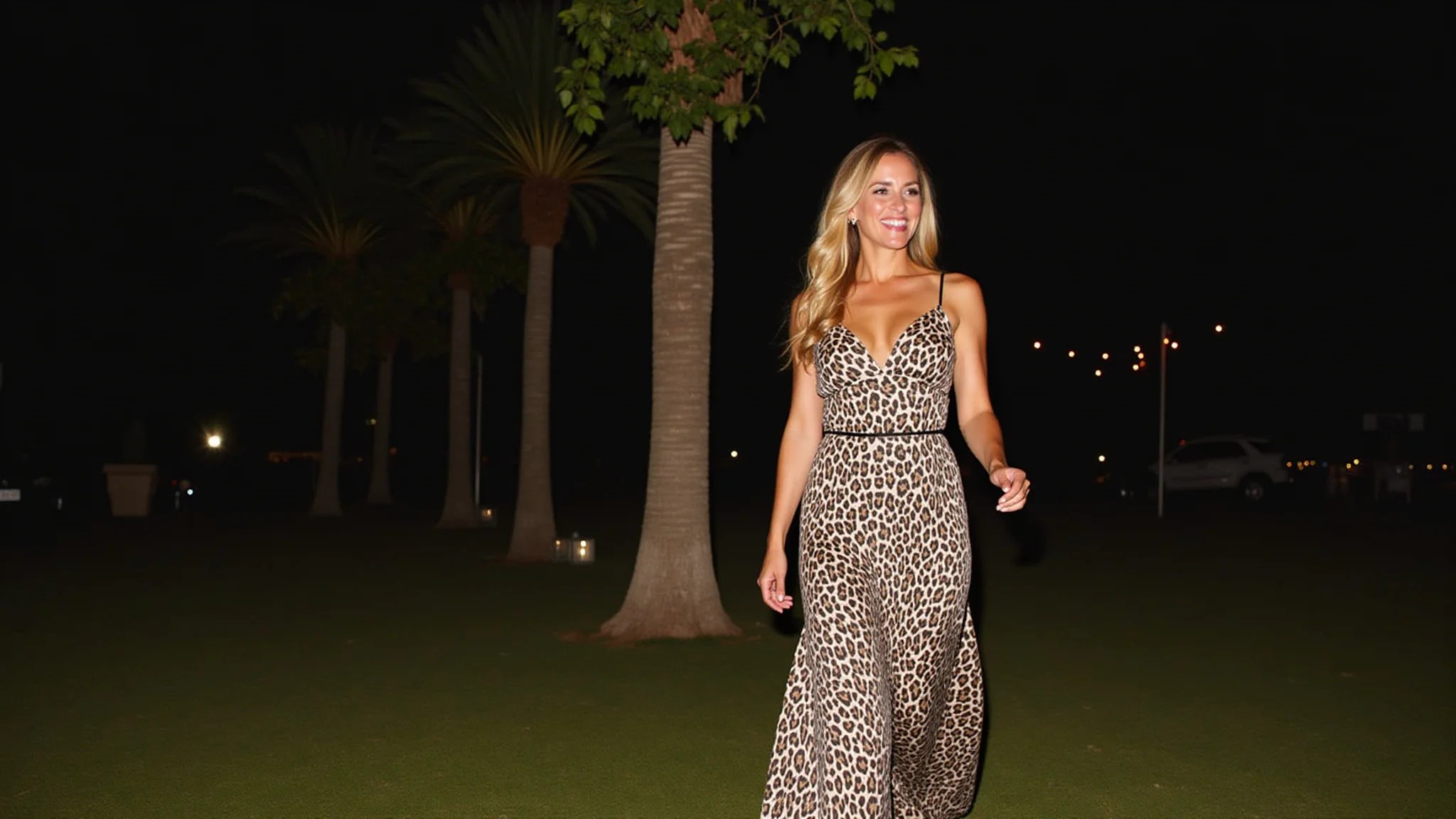 Convidada com vestido longo animal print em casamento noturno no campo.