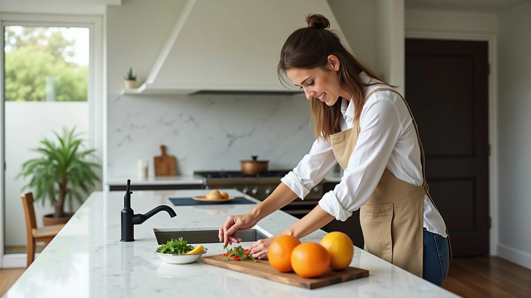 Mulher preparando comida em bancada de Corian em L em casa brasileira.