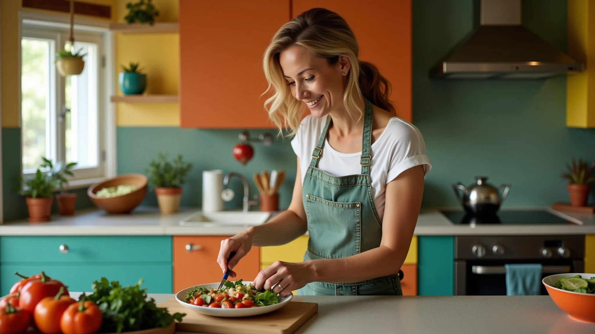 Mulher na faixa dos 40 preparando uma refeição saudável em uma cozinha colorida em estilo brasileiro.