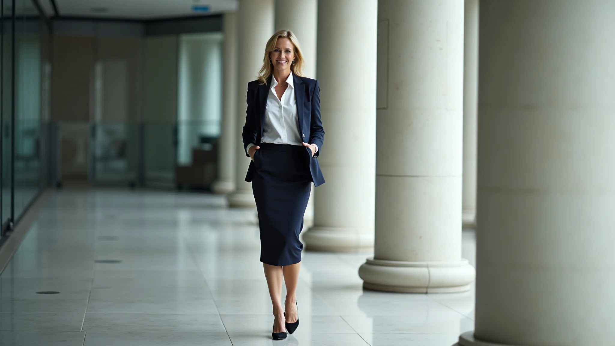 Mulher de 50 anos com saia midi lápis, blazer e scarpin no trabalho.