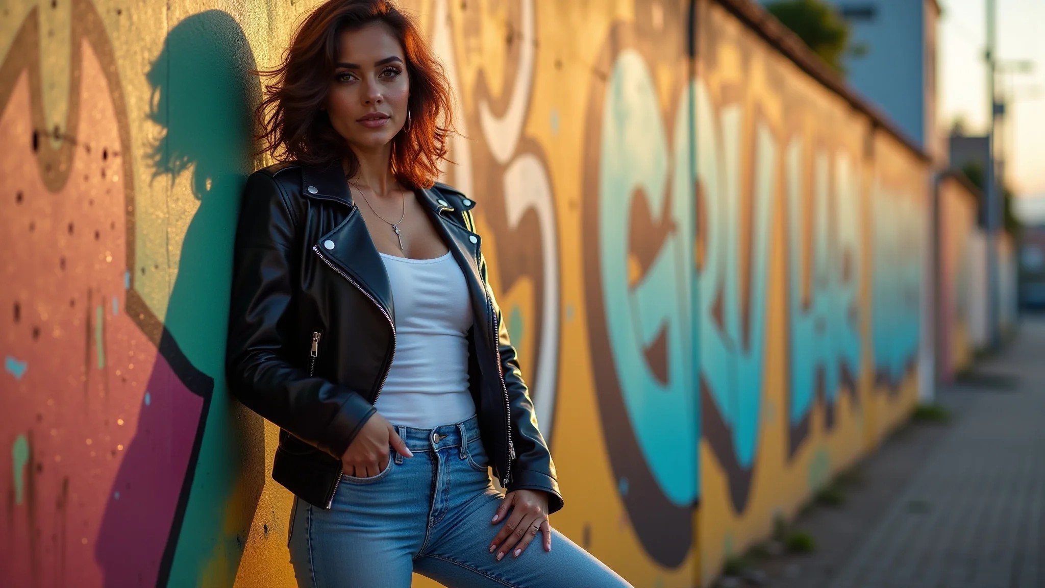 Mulher com mom jeans, jaqueta de couro e bota posando em frente a um muro grafitado em SP.