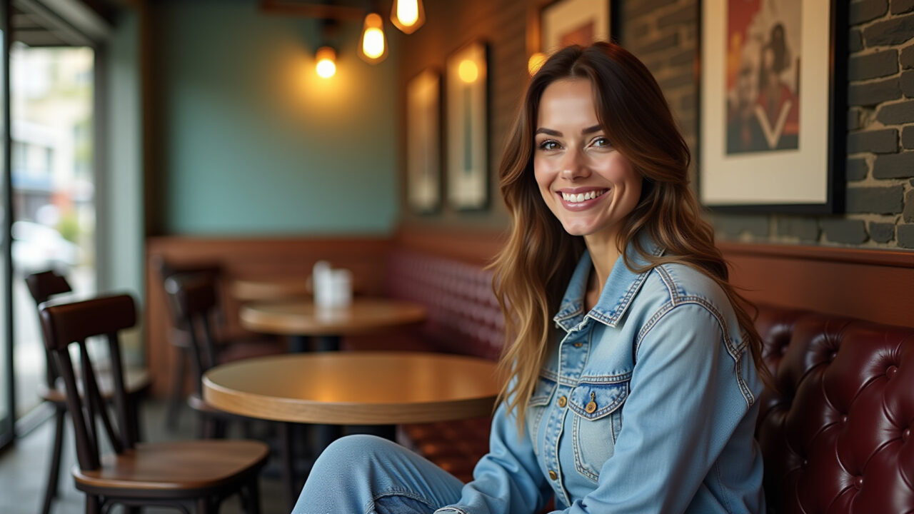 Mulher com calça jeans mom sentada em café aconchegante.