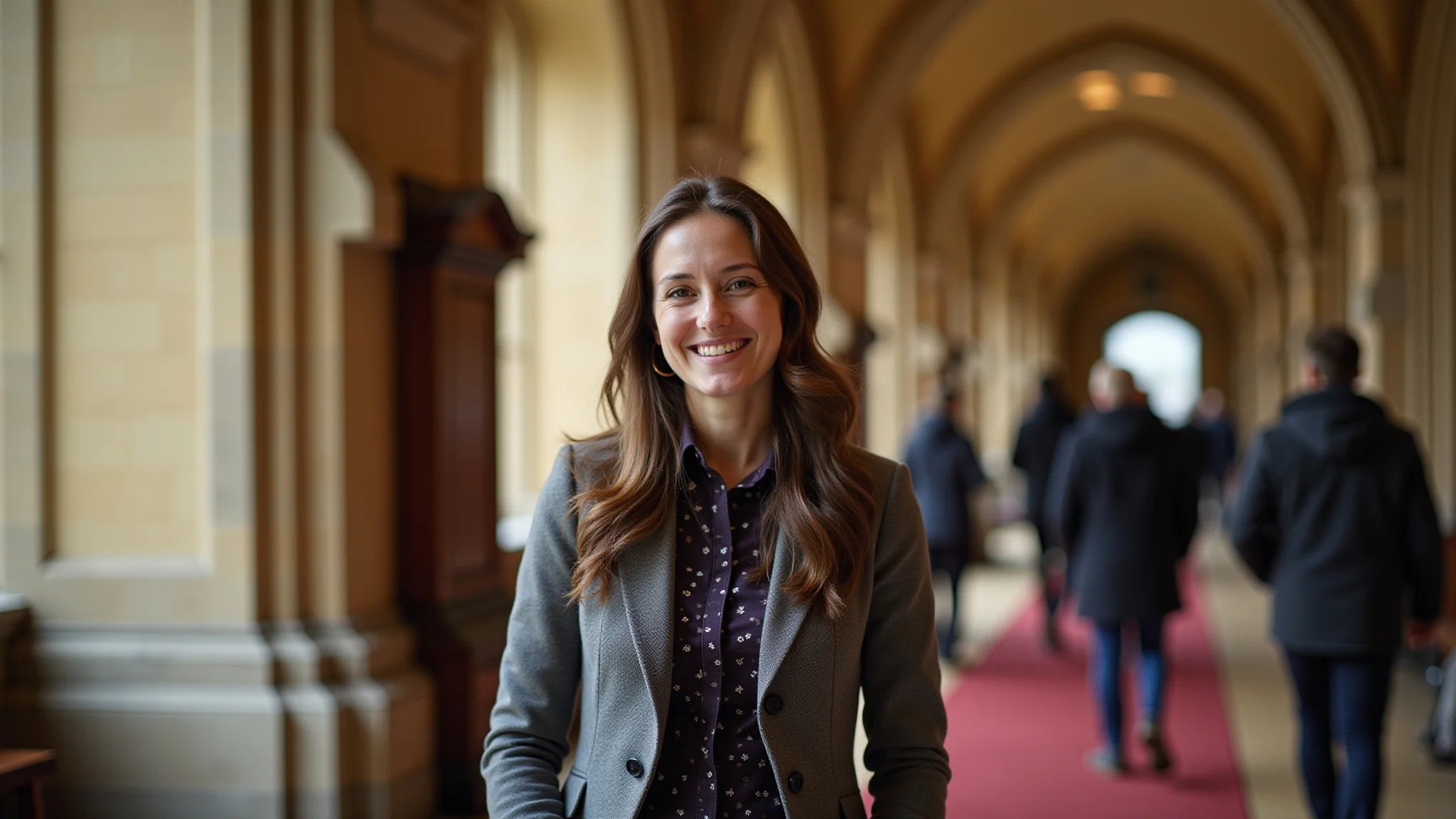 Mulher visitando Christ Church College em Oxford, com arquitetura histórica e ambiente acadêmico.
