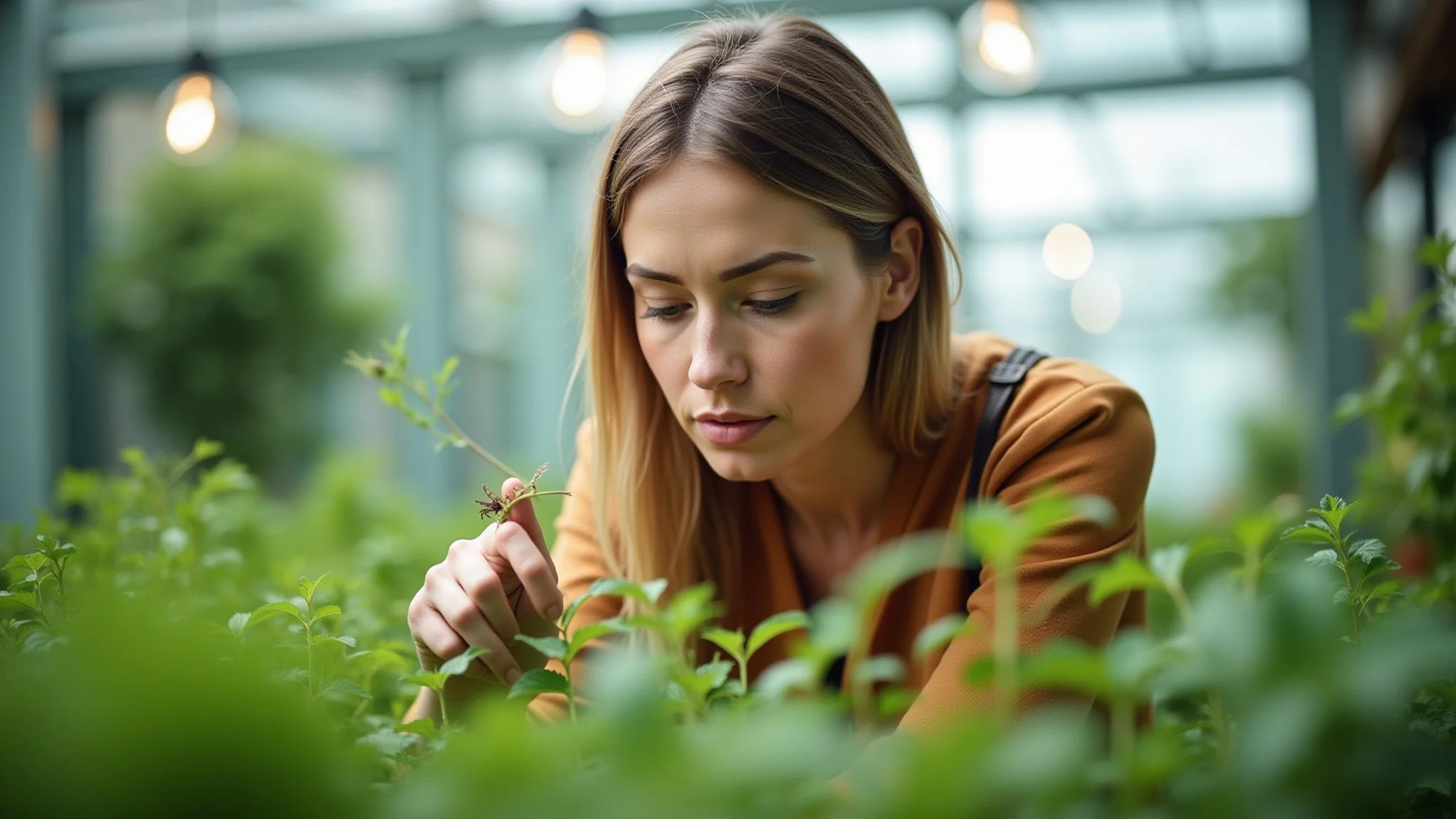 Mulher inspecionando plantas em busca de sinais de pragas.