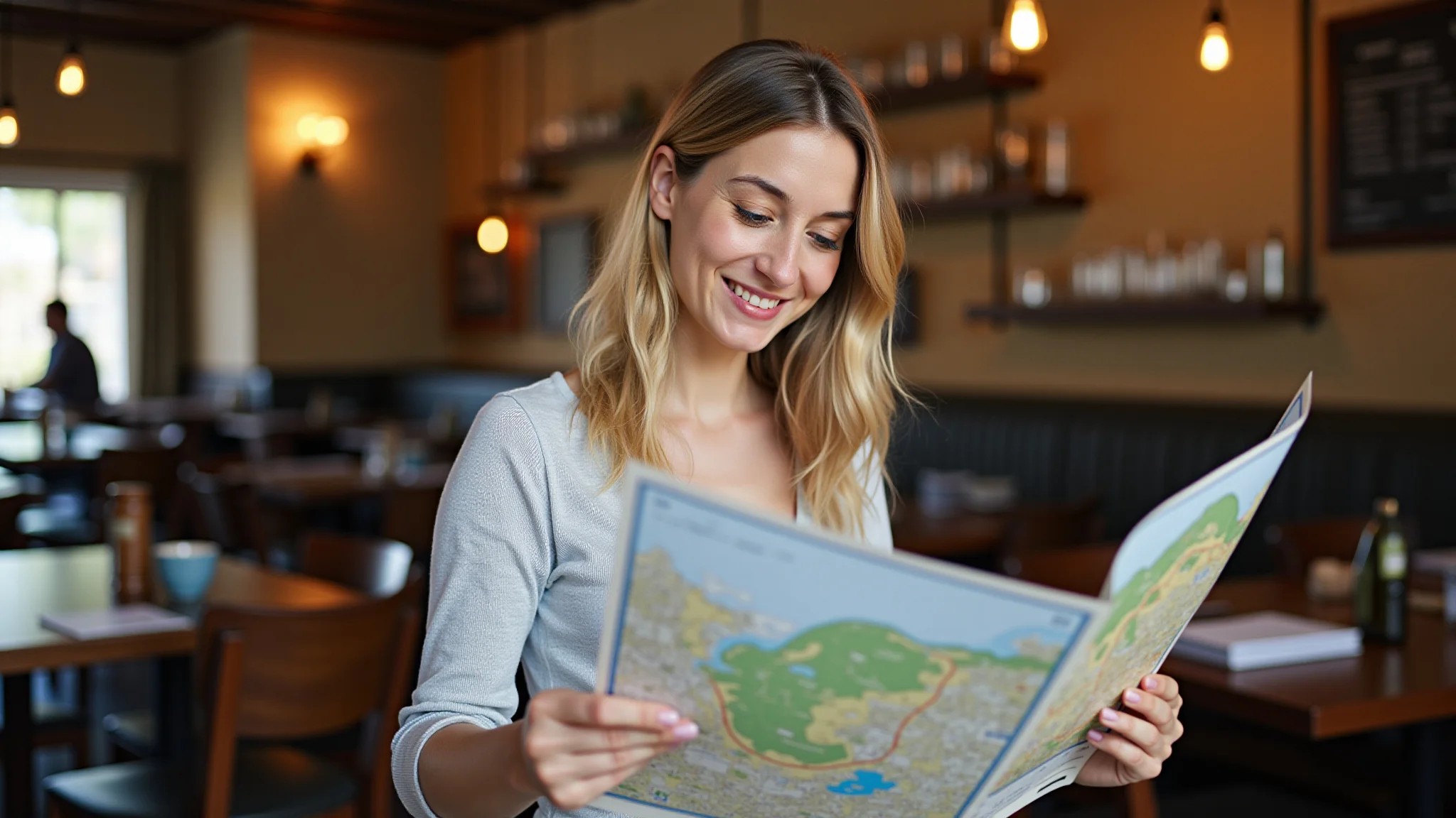 Mulher planejando a viagem para Machu Picchu em um café charmoso em Cusco.