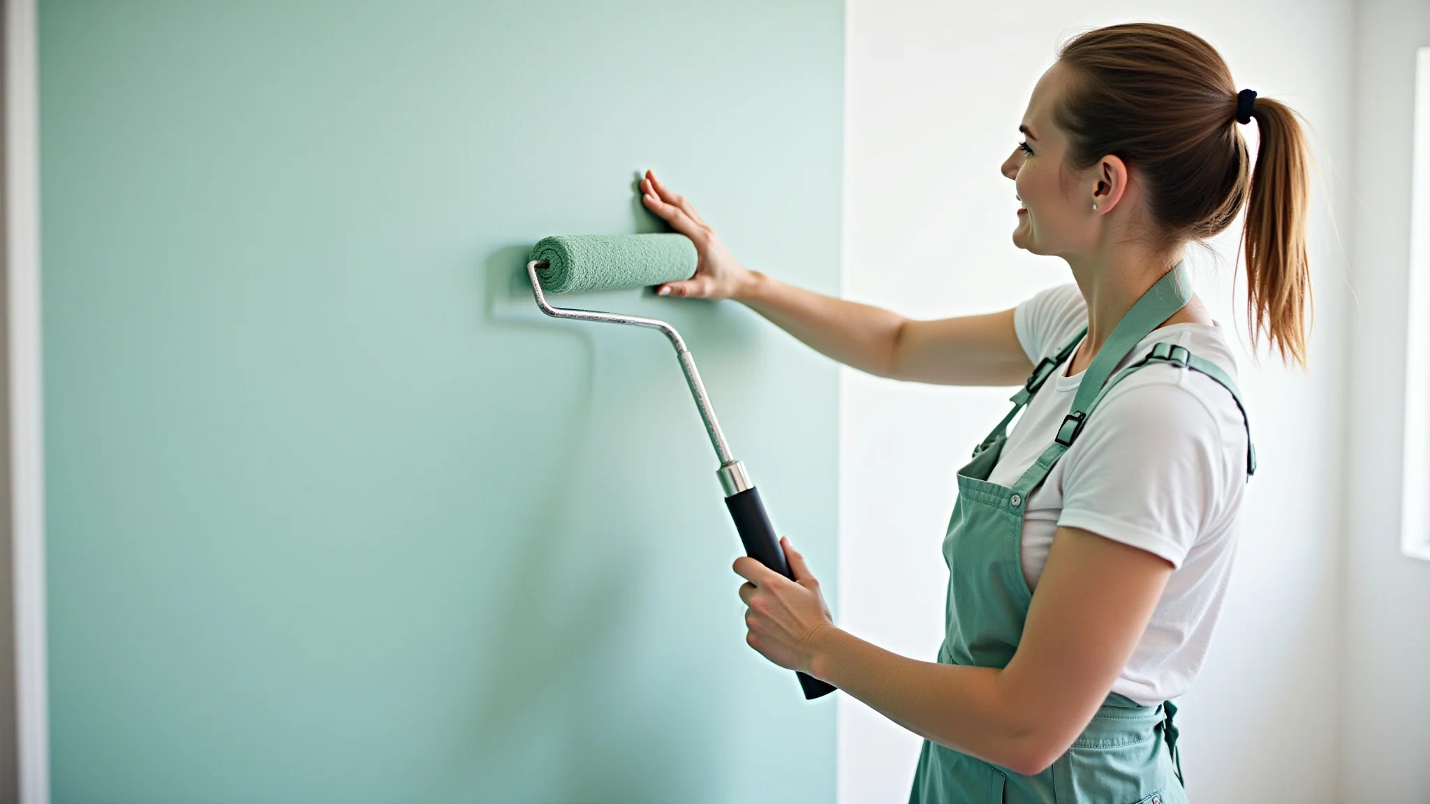 Mulher pintando a parede do banheiro com rolo, demonstrando a técnica correta.