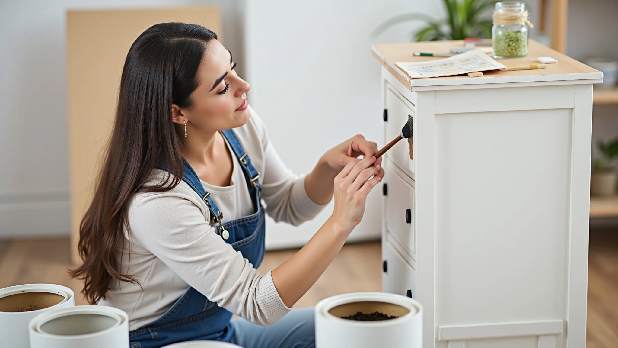 Mulher pintando móvel de MDF com pincel, latas de tinta ao redor.