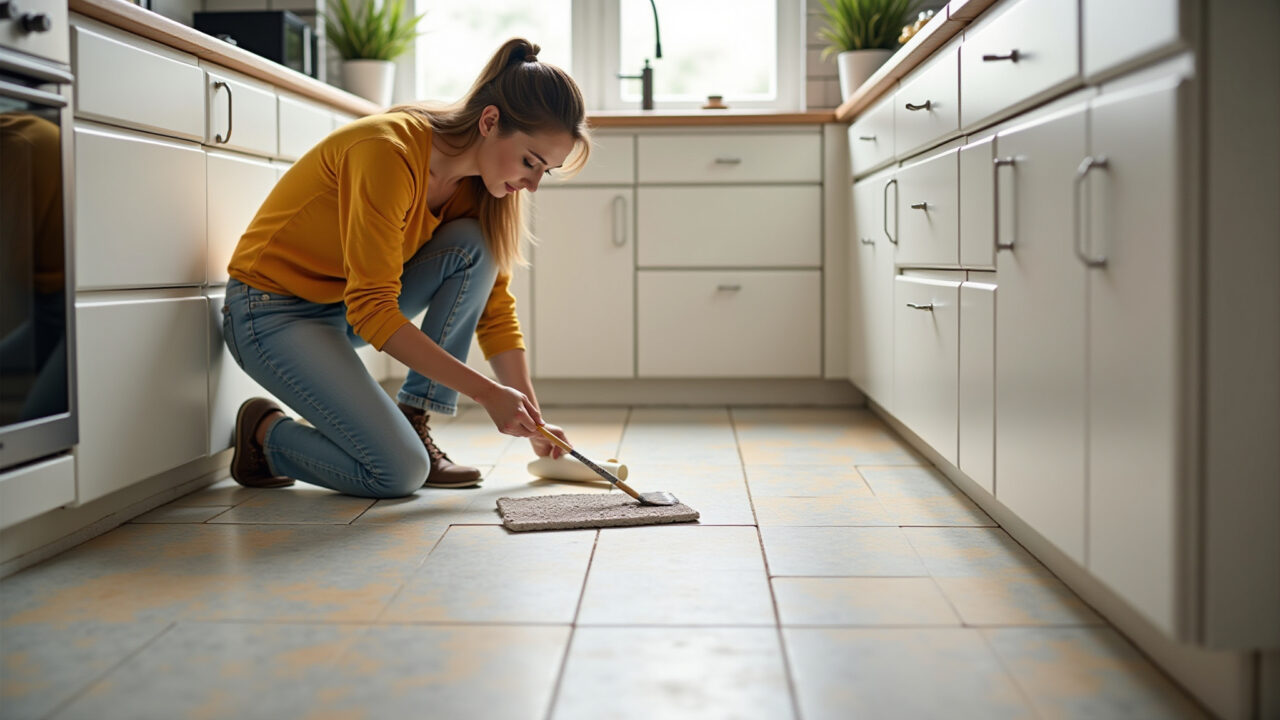 Mulher pintando piso de cerâmica em cozinha moderna.