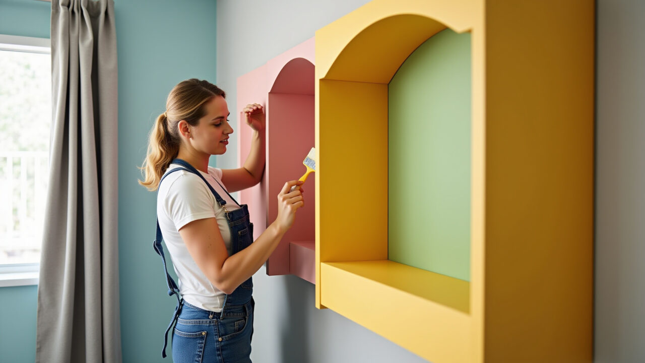 Mulher pintando nichos decorativos coloridos para quarto de bebê.