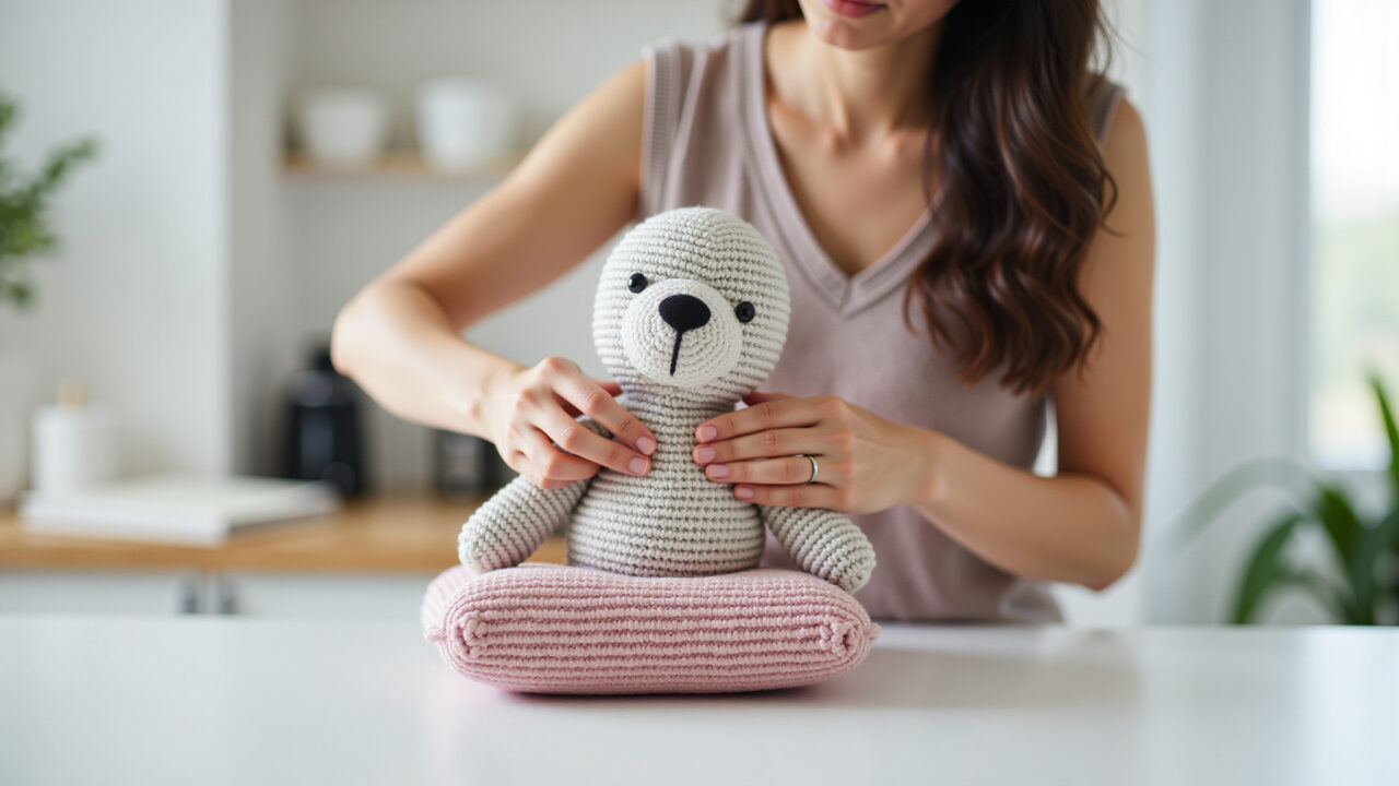 Amigurumi com enchimento sintético protegido em fronha para lavagem.