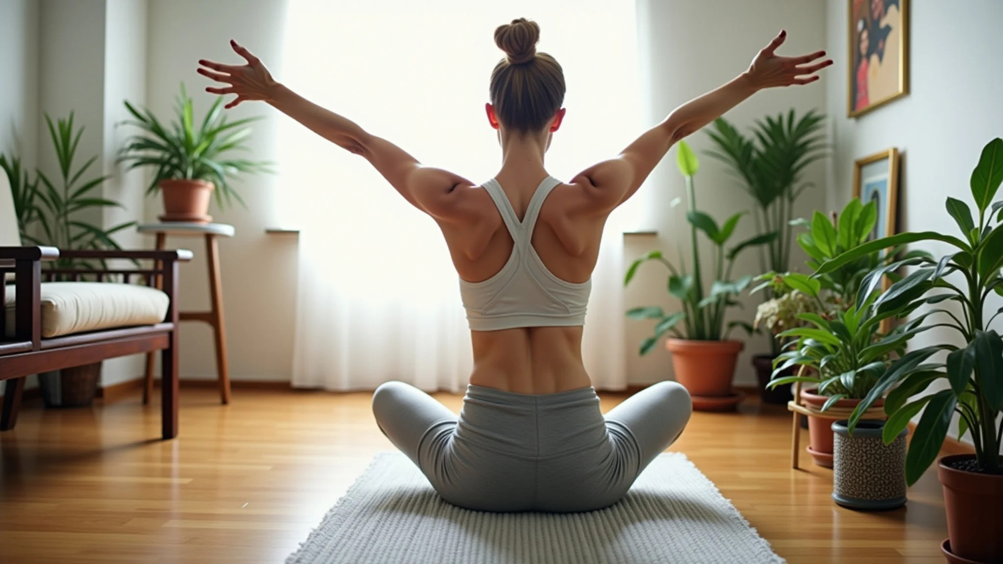 Mulher praticando yoga em casa, com decoração brasileira e iluminação natural.