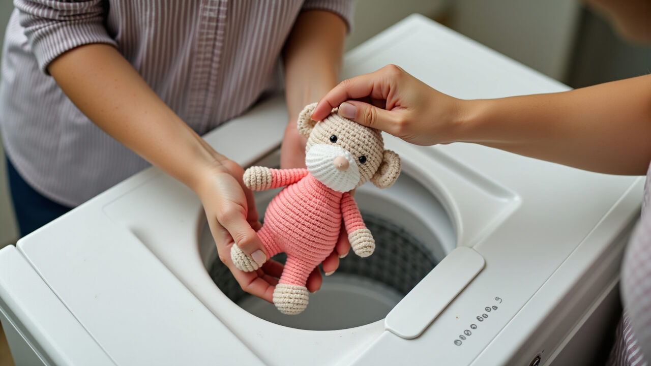 Pré-lavagem de amigurumi manchado com sabão neutro.