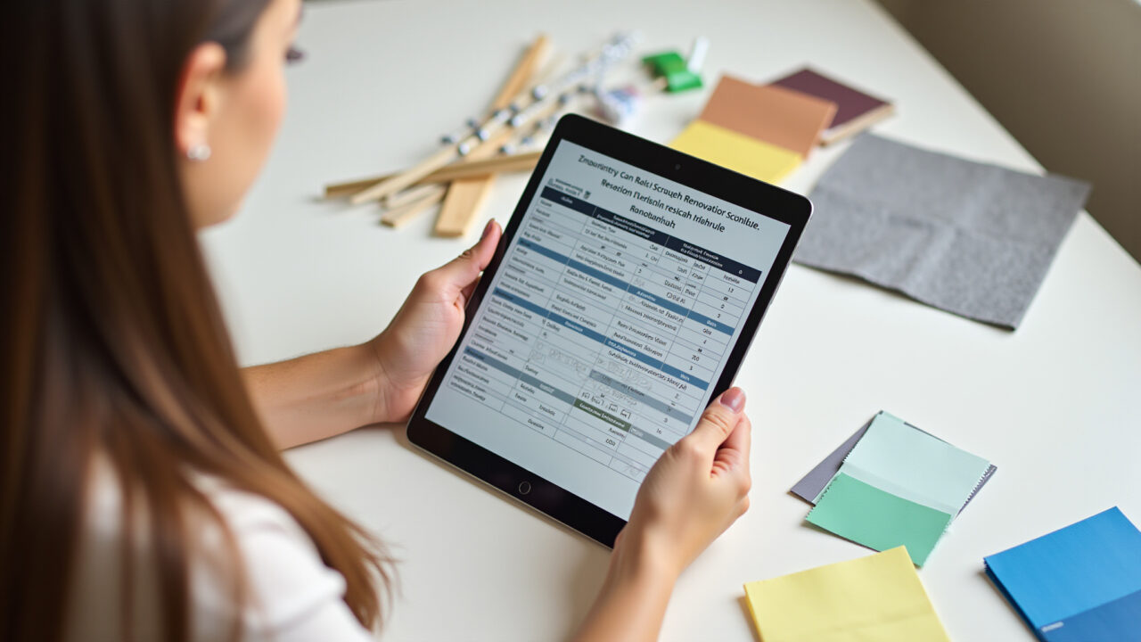 Mulher revisando cronograma de reforma detalhado em tablet.