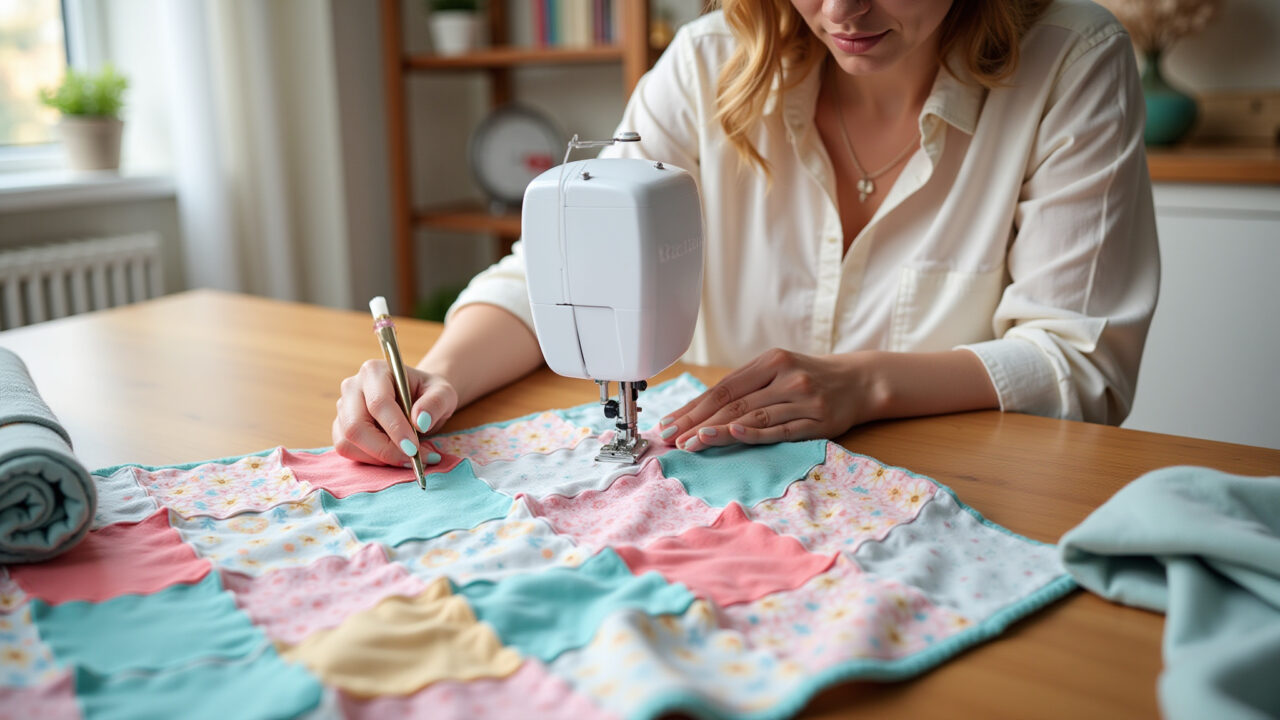 Mulher costurando manta de patchwork colorida para bebê.
