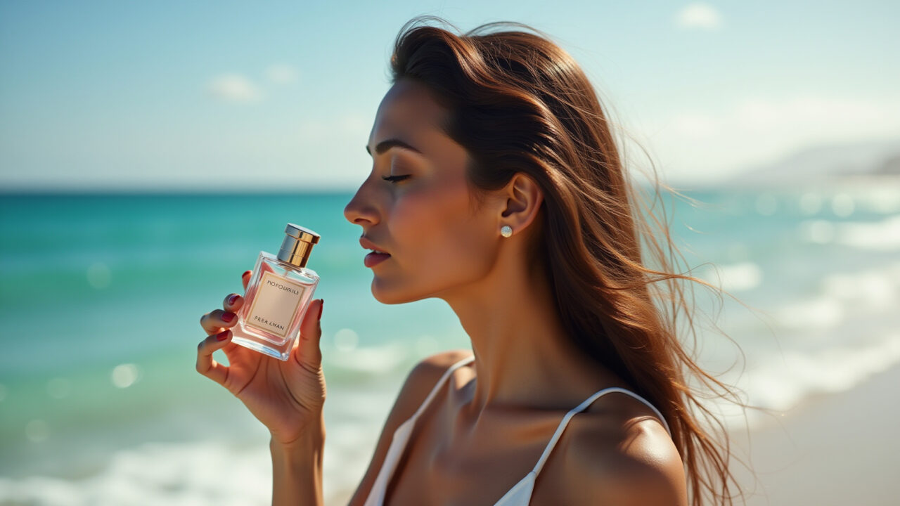 Mulher apreciando perfume com aroma marinho, brisa oceânica ao fundo.