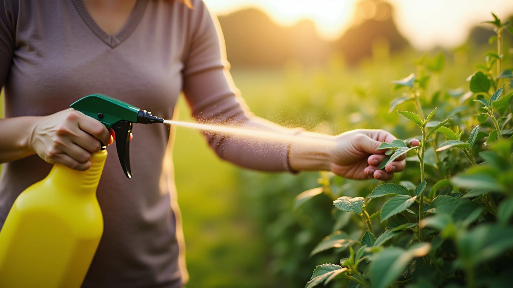 Mulher aplicando inseticida natural em plantas infestadas por pulgões.