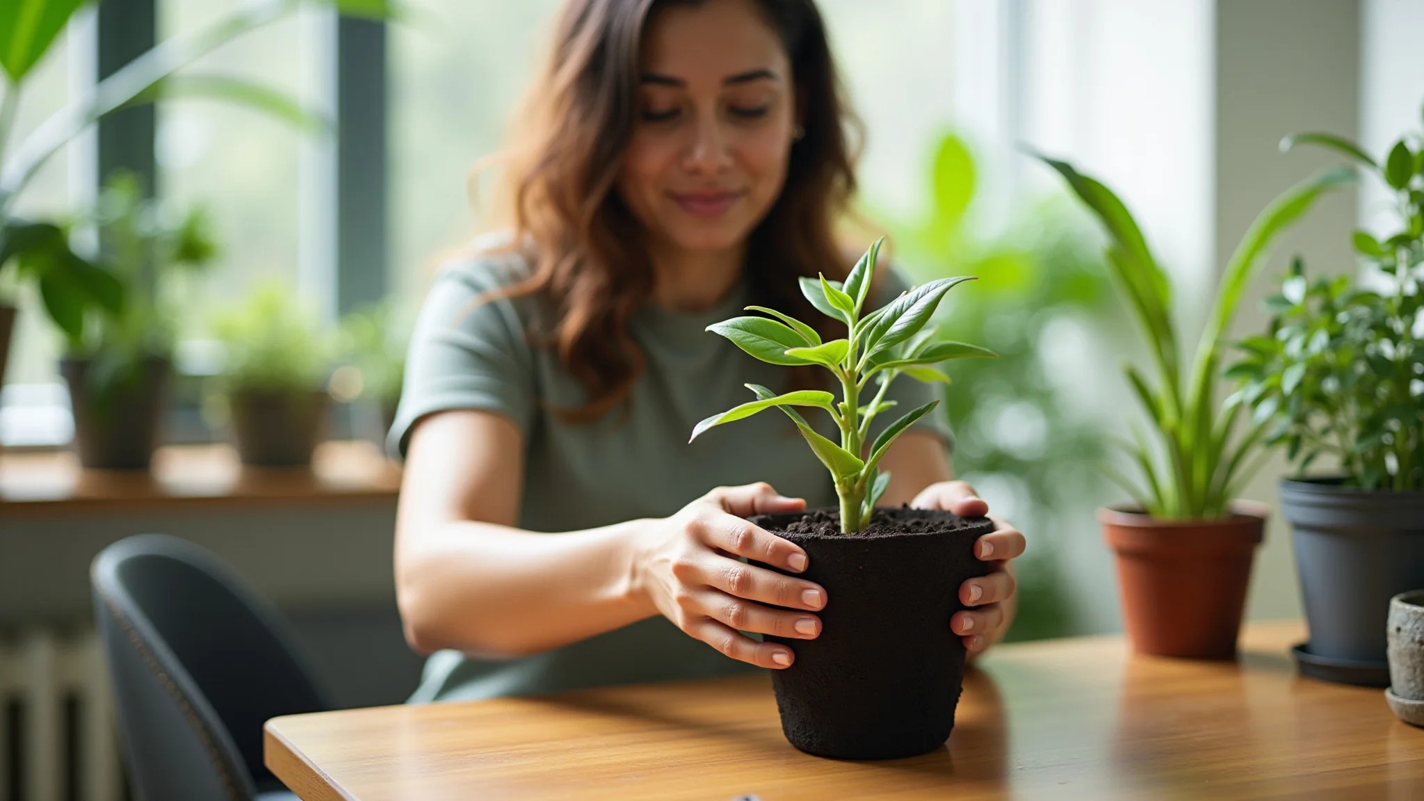 Mulher transplantando muda de planta para vaso maior com argila expandida.