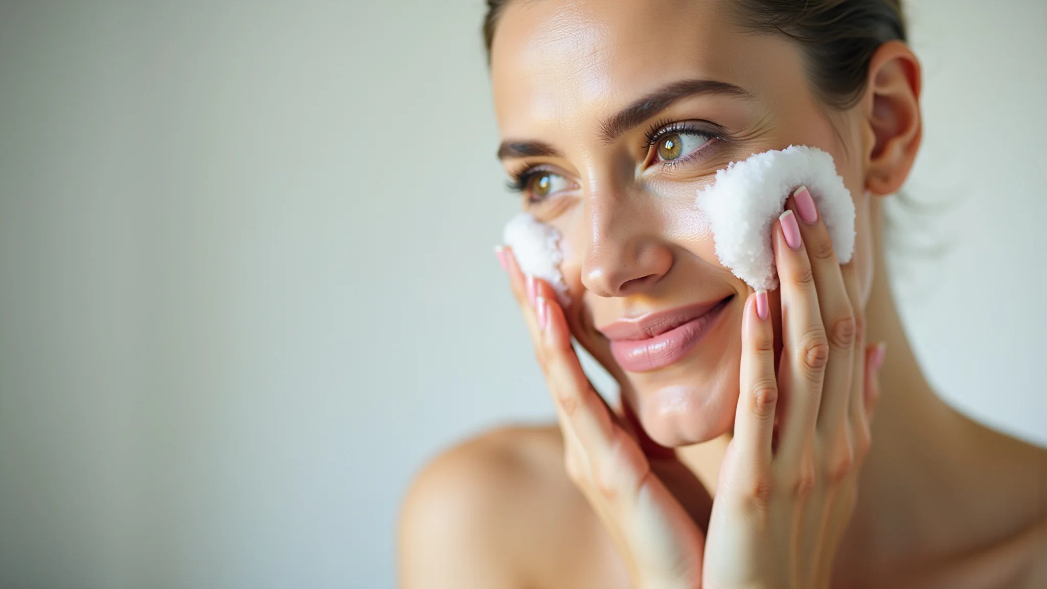 Mulher lavando o rosto com sabonete facial após remover a maquiagem.
