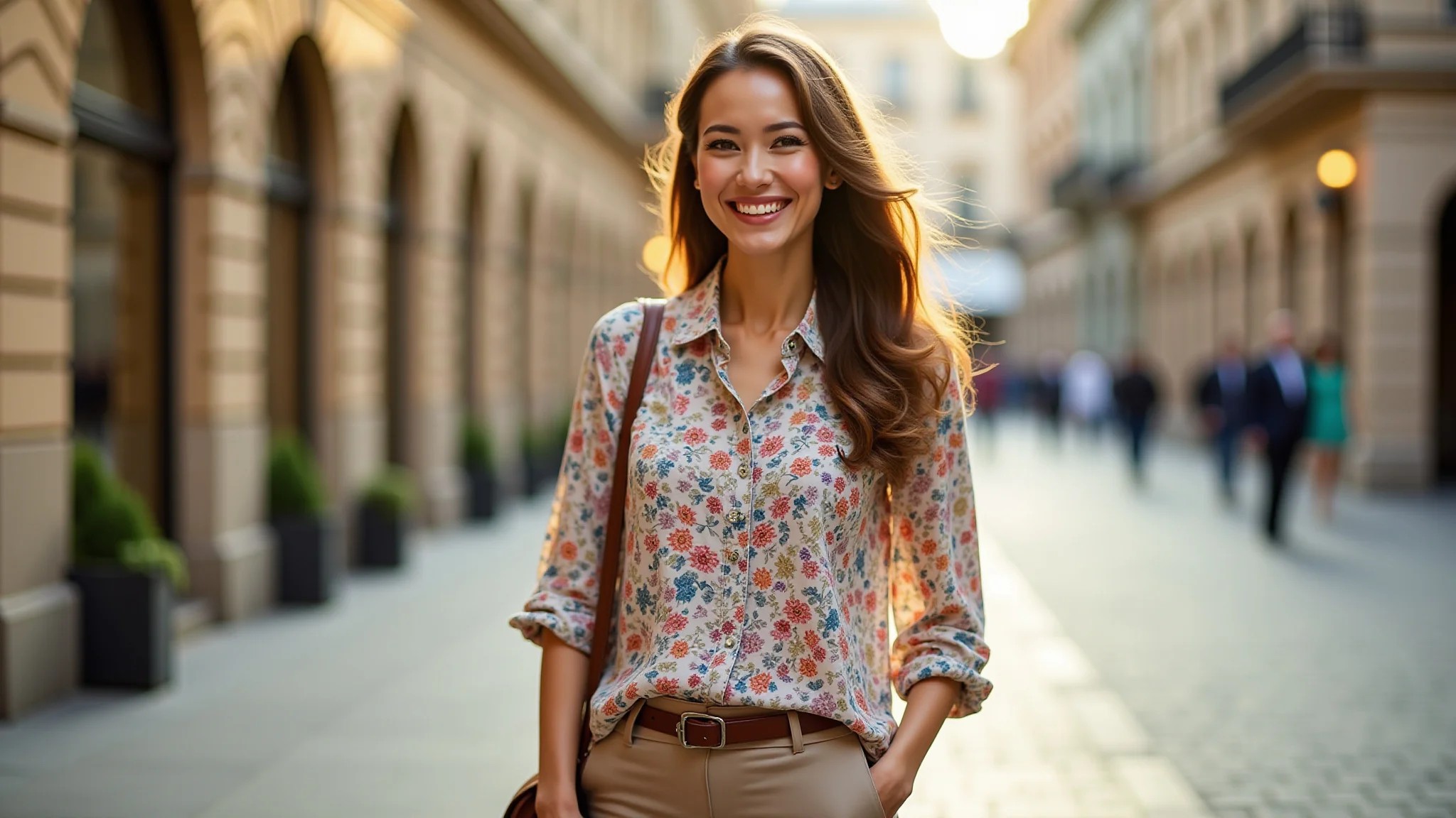 Mulher usando blusa estampada florida combinada com peças neutras, look alegre e estiloso.