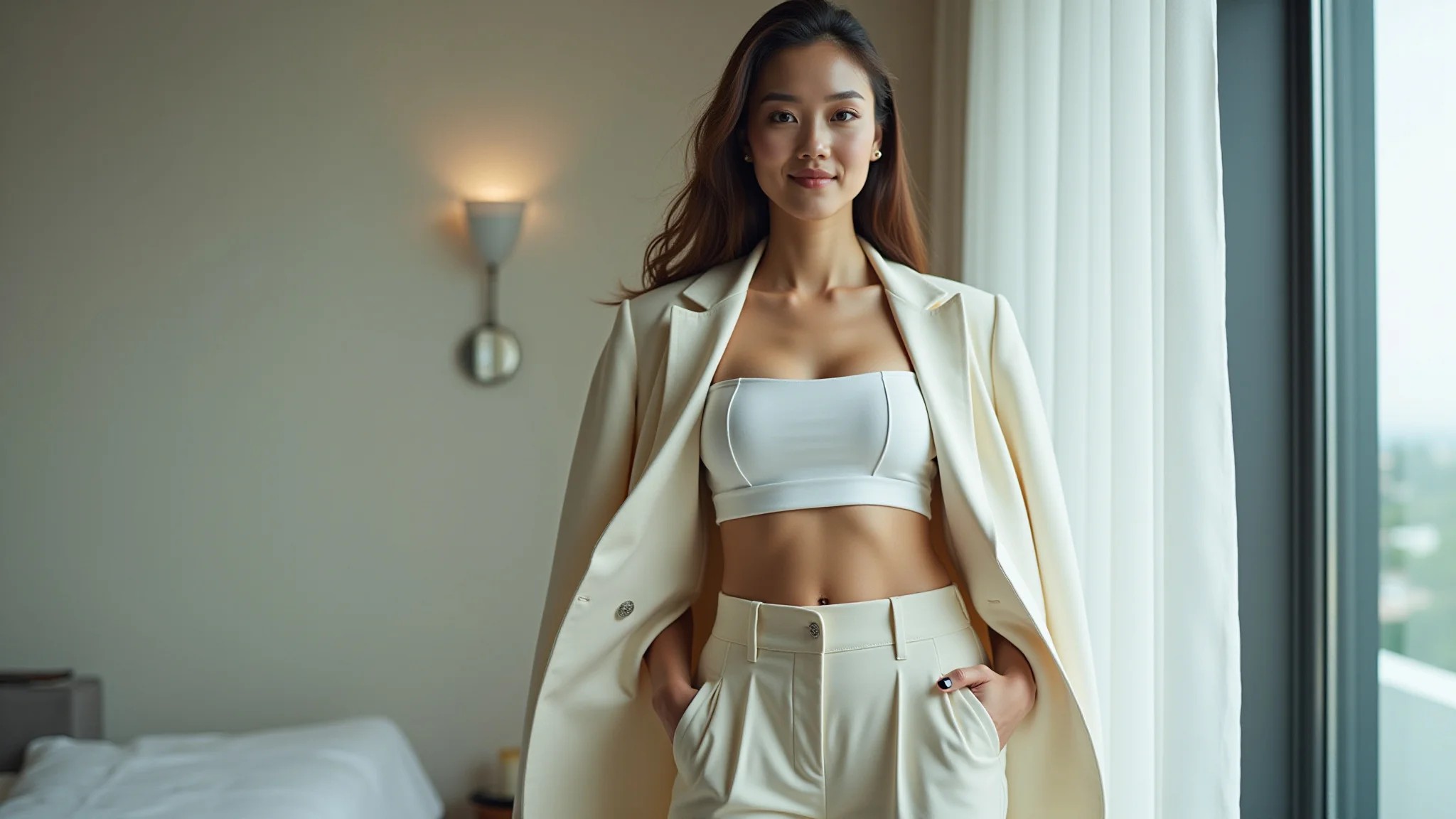 Mulher com cropped, calça pantalona e blazer, estilo elegante e moderno.