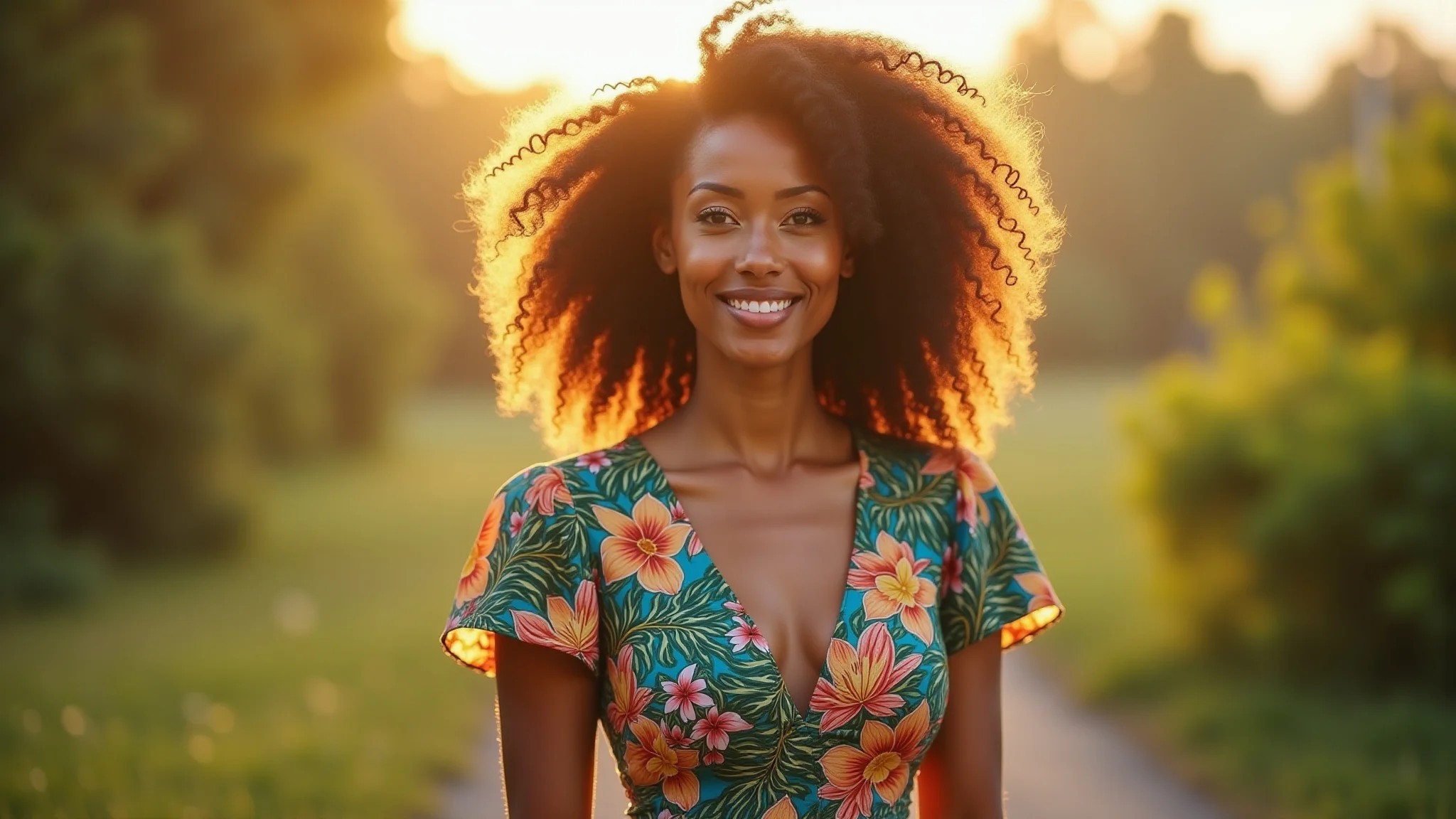 Mulher com vestido de estampa tropical vibrante inspirado na flora brasileira.
