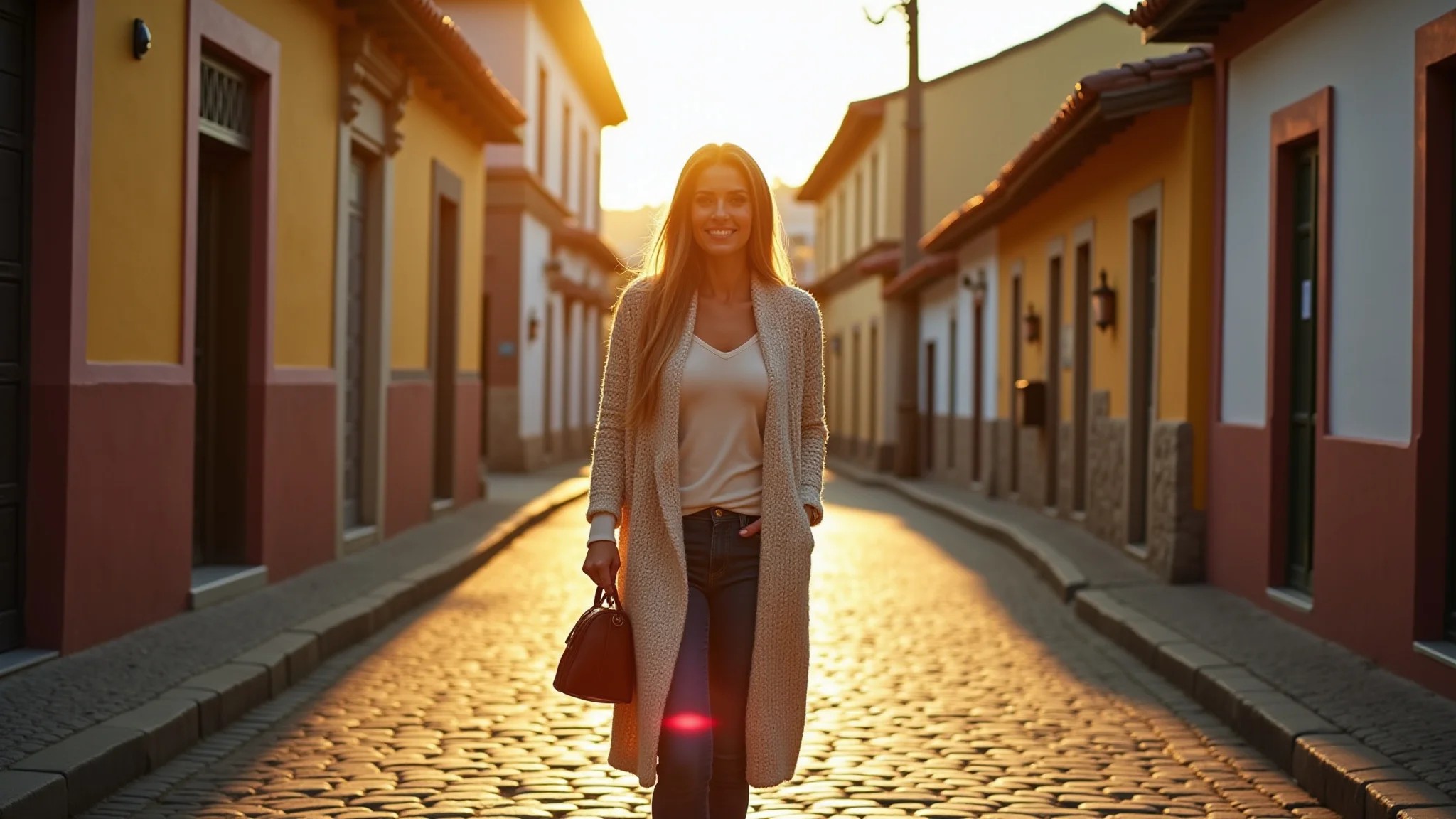 Mulher usando casaco de tricô longo em rua de paralelepípedos em cidade brasileira.