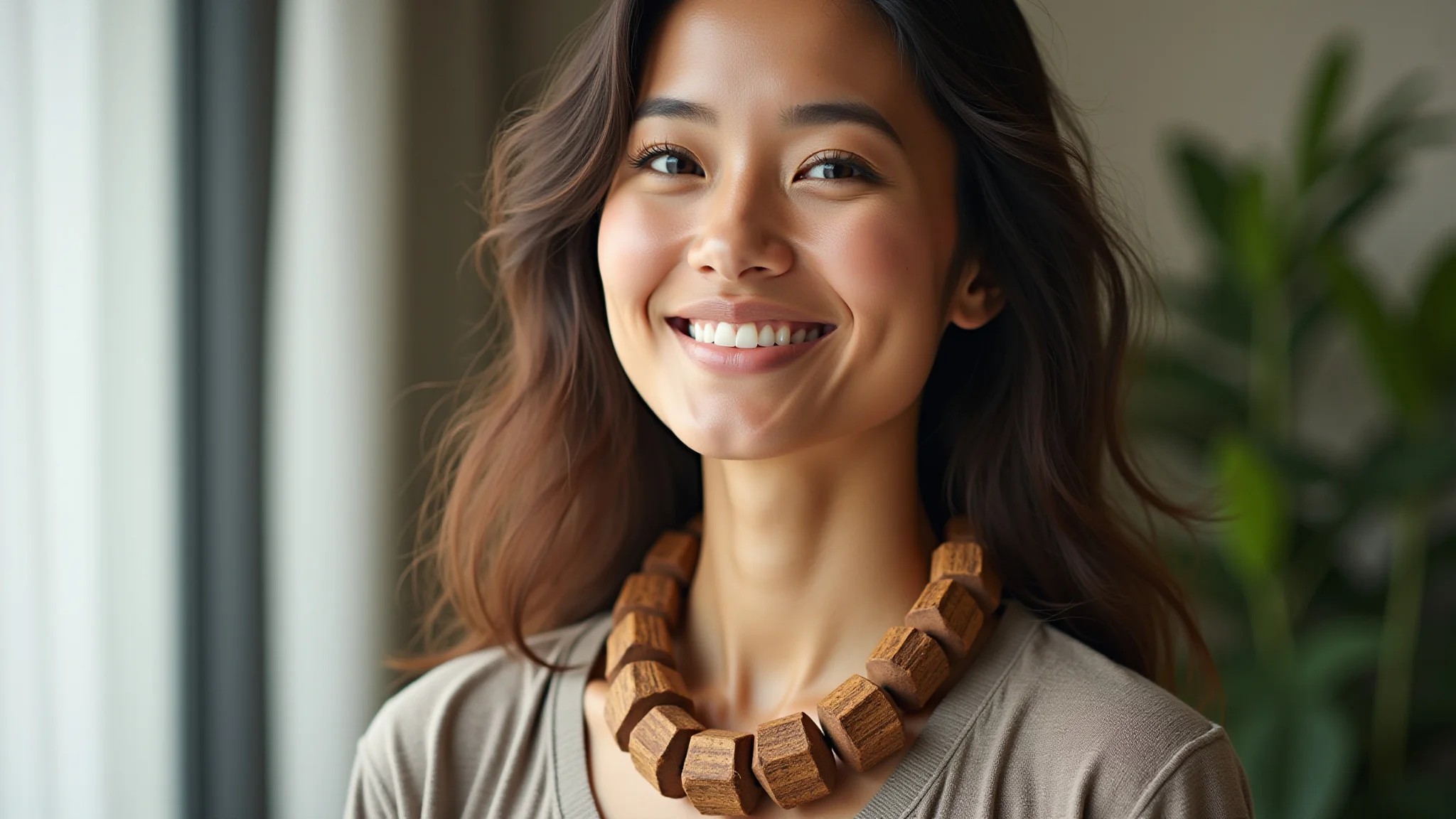 Mulher usando colar feito com coco, estilo natural e autêntico.