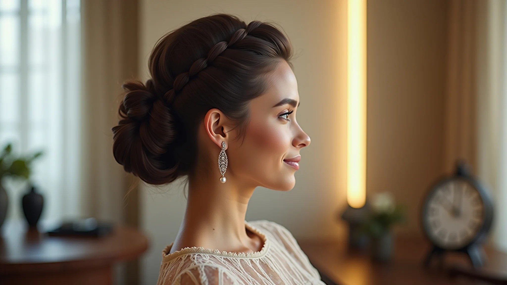 Mulher com coque trançado elegante, iluminação interna brilhante, estilo brasileiro.