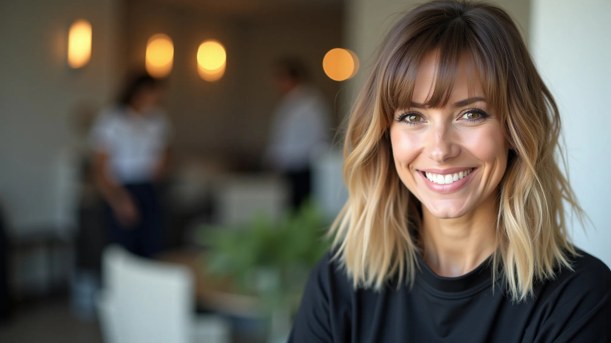 Mulher sorrindo com corte de cabelo shag moderno e estiloso.
