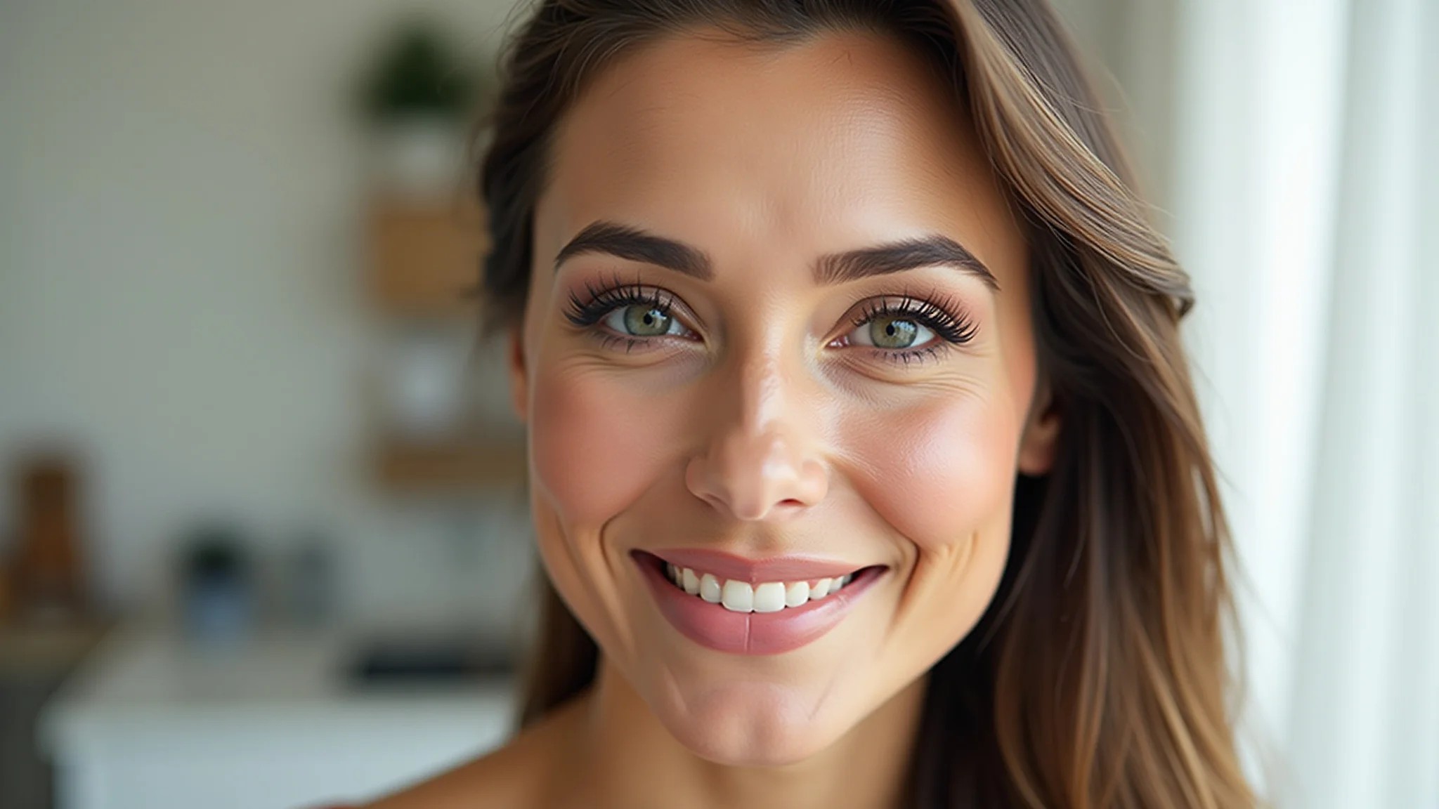 Mulher sorrindo com maquiagem natural e blush suave, pele radiante e saudável.