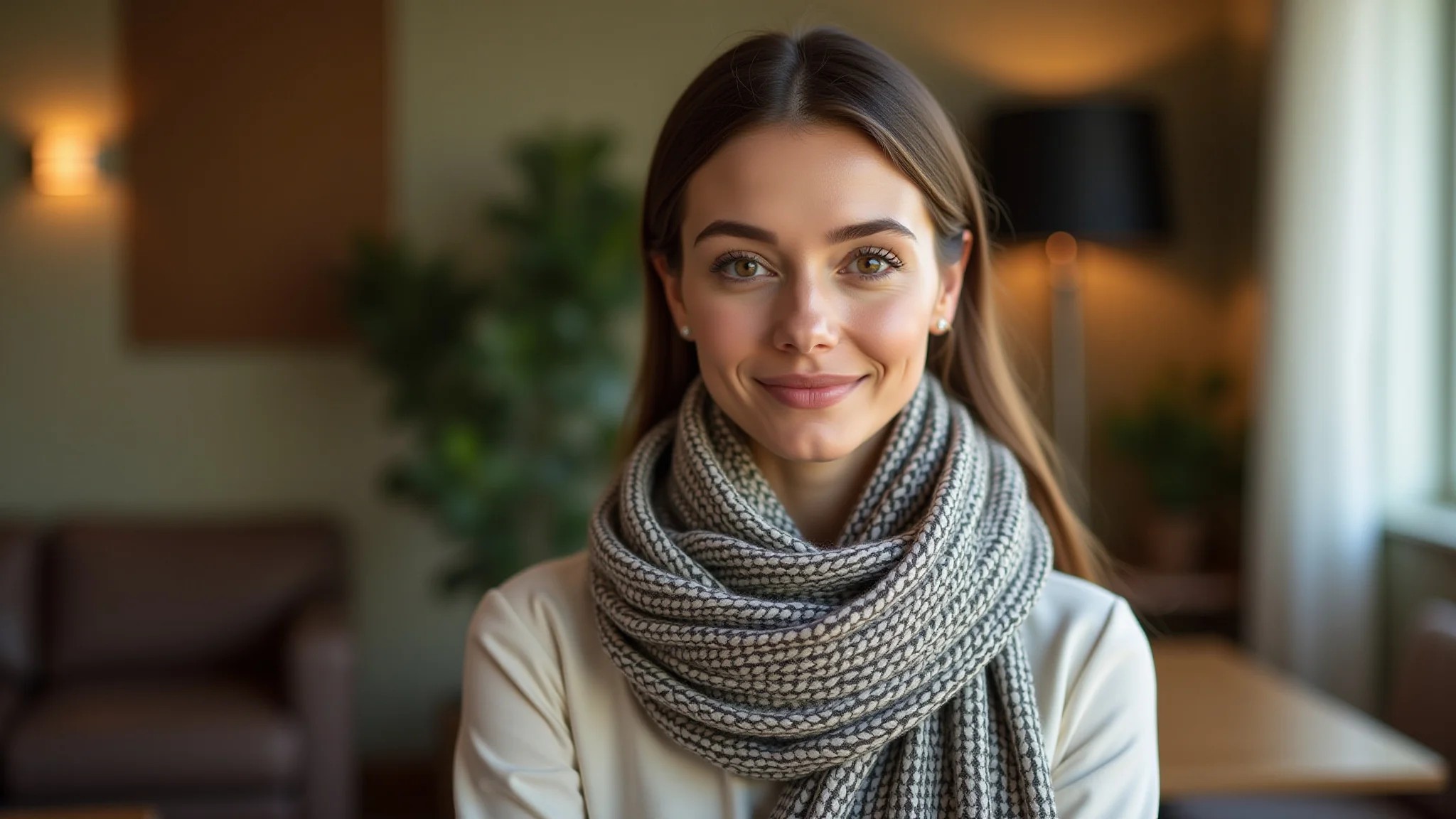 Mulher com cachecol amarrado em estilo parisiense, ambiente aconchegante com design brasileiro.