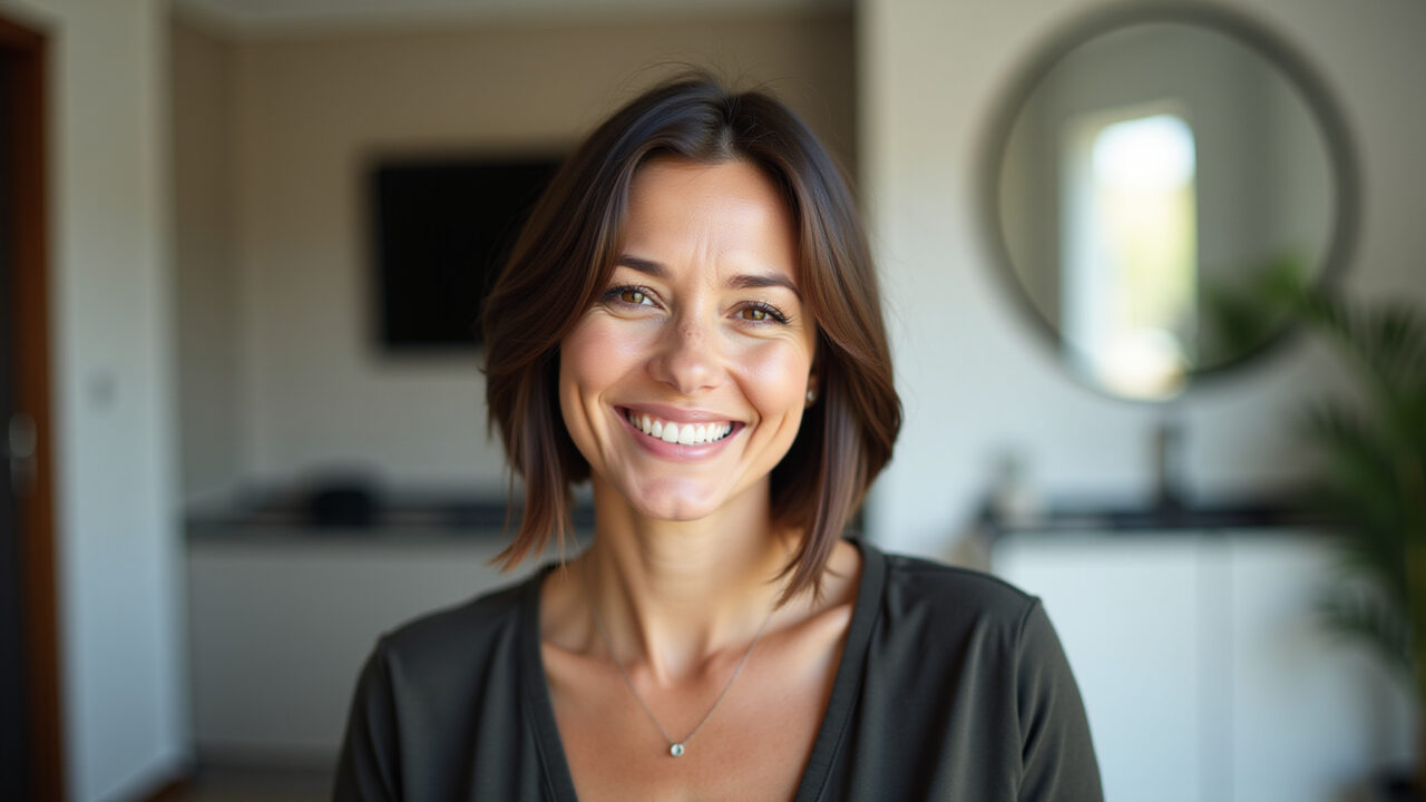 Mulher sorrindo com corte short bob moderno.