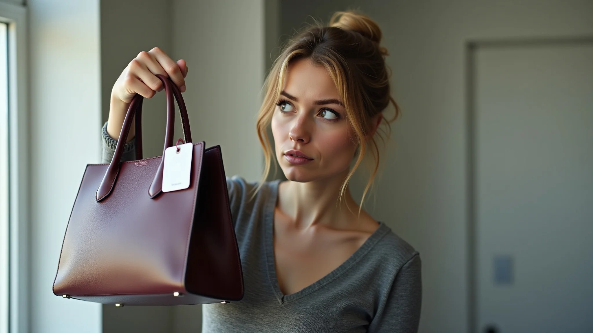 Mulher desconfiada olhando para o preço baixo de uma bolsa de grife.