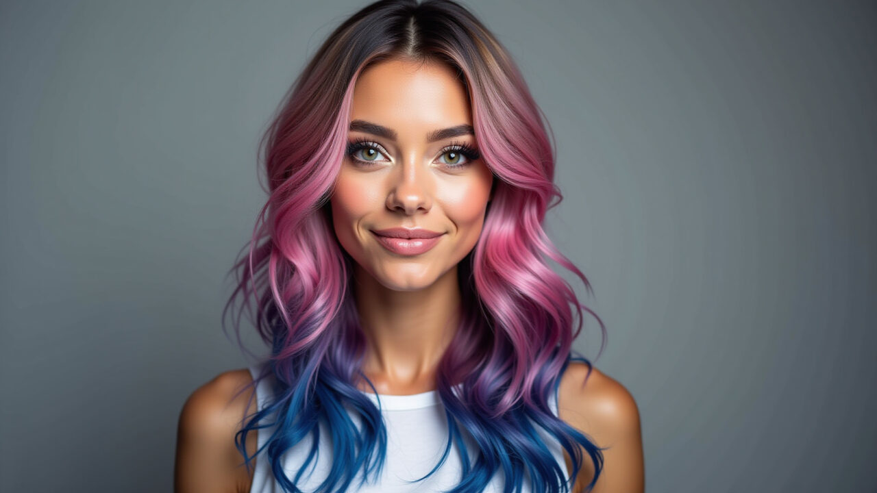 Ombré hair colorido com tons de rosa, azul e roxo.