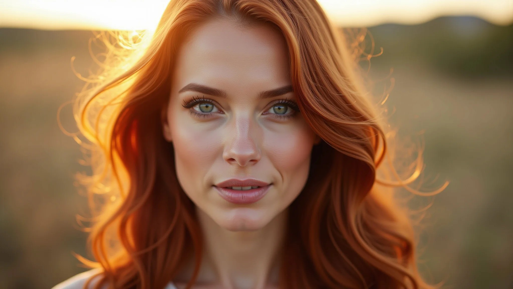Mulher com cabelo ruivo acobreado e maquiagem natural.