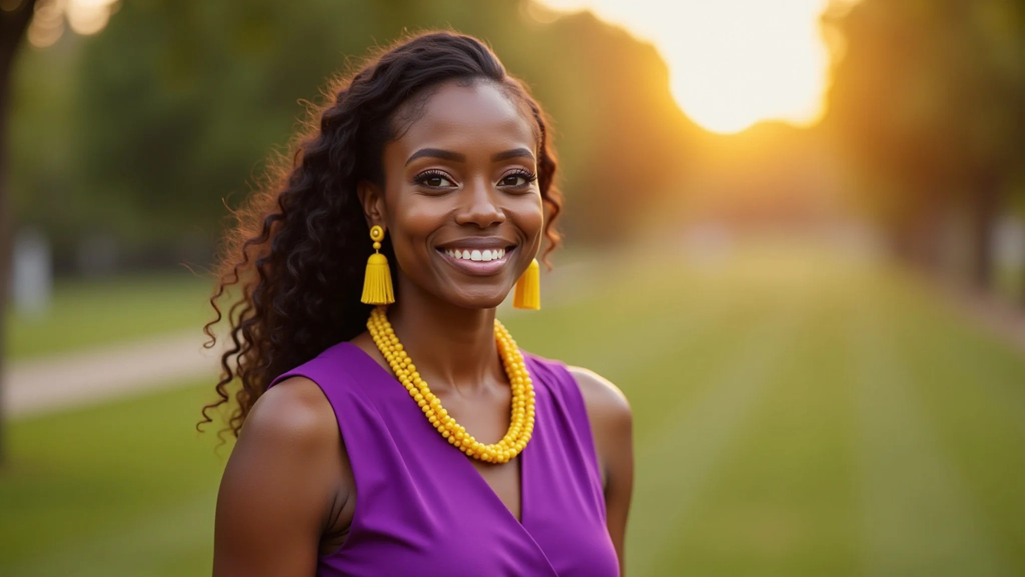 Mulher negra com vestido roxo e joias amarelas, maquiagem natural, luz dourada suave.
