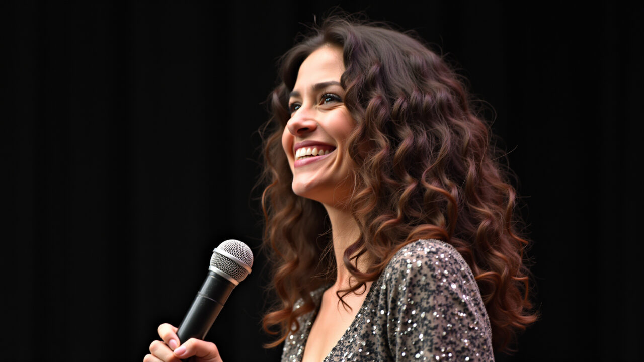 Mulher com maquiagem leve e natural em show de stand-up comedy.